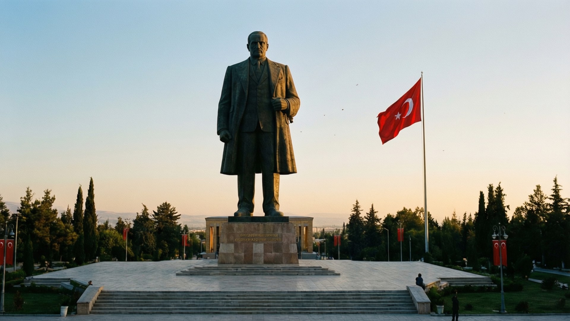 Atatürk Statue at Dawn 壁紙 — 一座高聳的穆斯塔法·凱末爾·阿塔圖爾克銅像莊嚴地矗立在石基座上，旁邊一面紅色土耳其國旗在柔和的金色日落天空下飄揚。