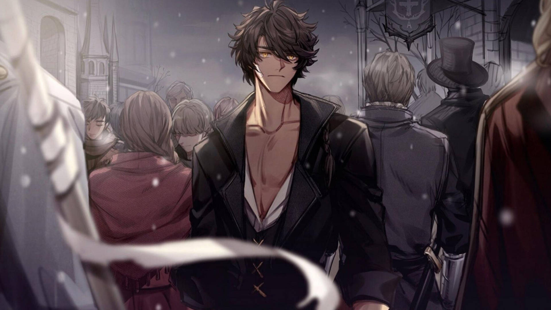 身穿黑色外套的動漫男子站在積雪的哥德式街道上，身後有群人。 — 可憐動漫 壁紙