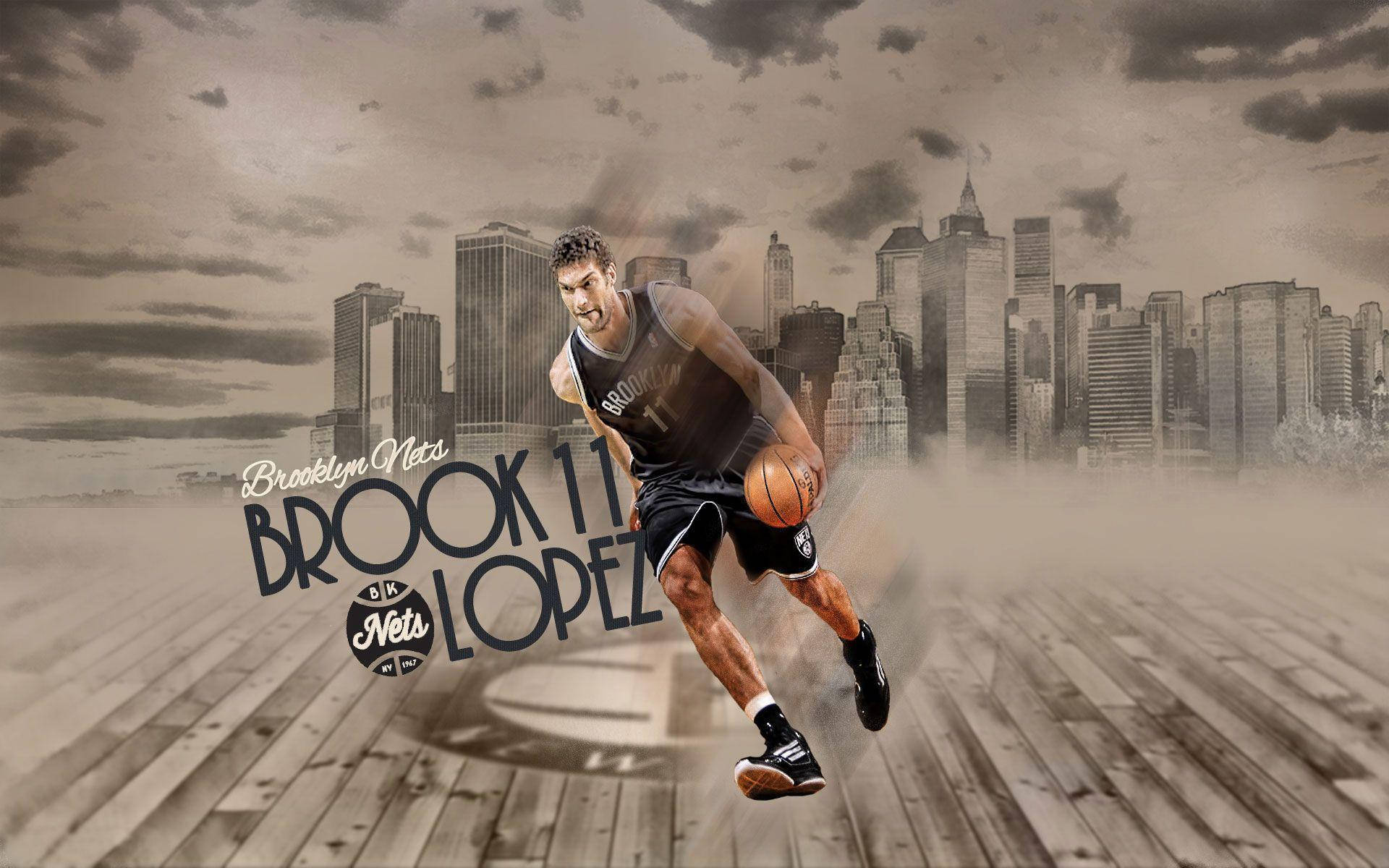 Brook 桌布 壁紙 — Brook Lopez 在木地板上空中運球，背後是棕褐色調的布魯克林天際線。