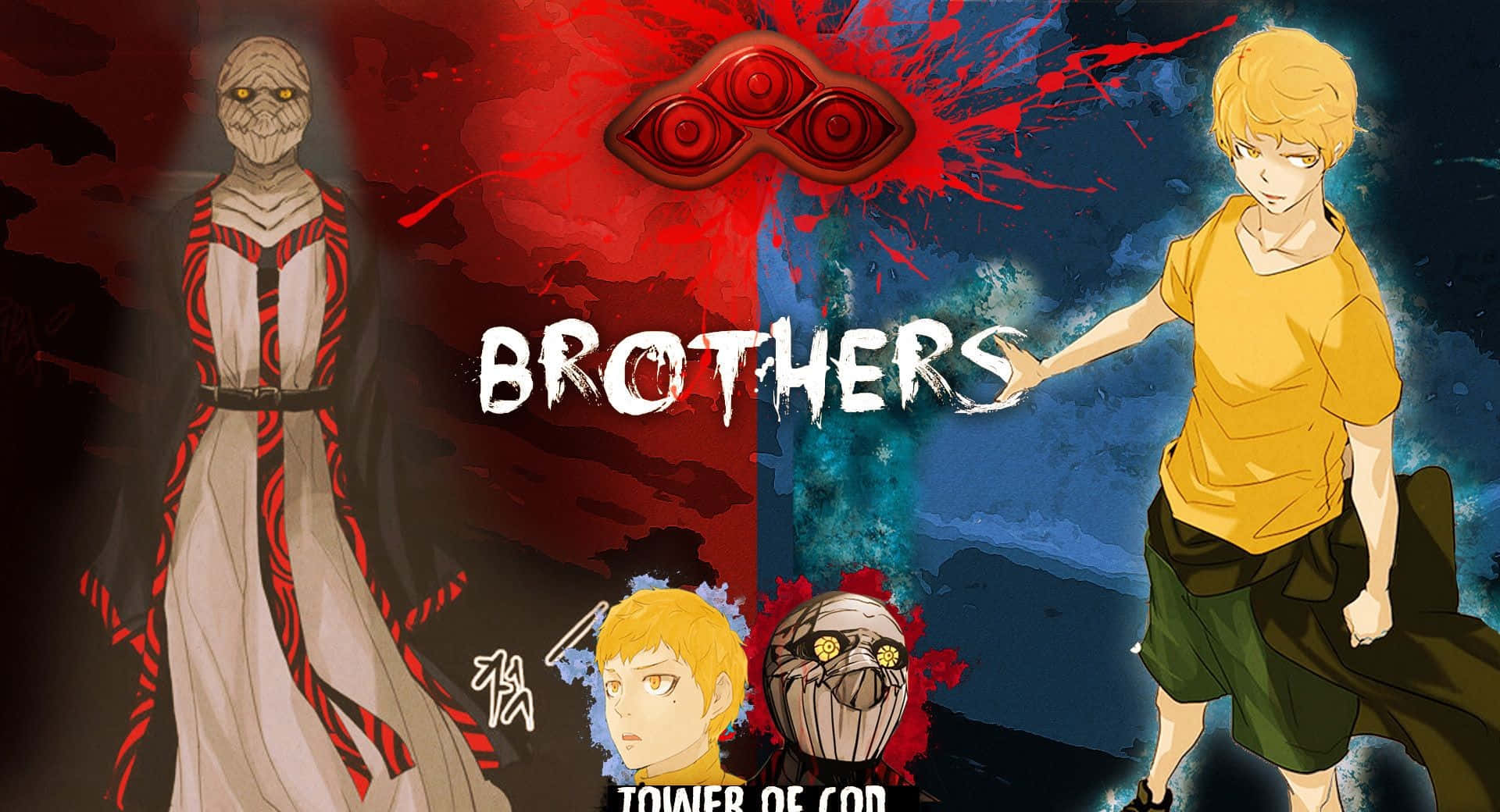 Tower Of God 桌布 壁紙 — Brothers 的動畫海報，展示一個戴面具的人物和一個金髮男孩在紅藍分割背景上伸手。