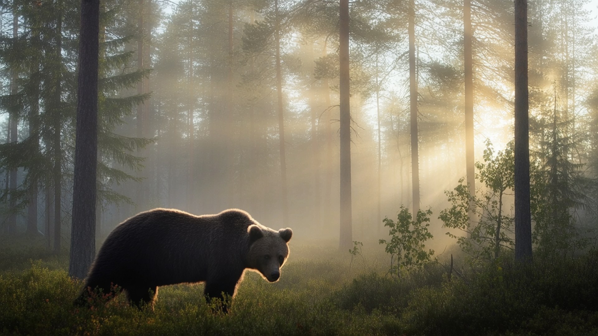 Morning Mist Bear 壁紙 — 一頭棕熊走過霧氣瀰漫的森林，金色的陽光透過高大的松樹灑落。
