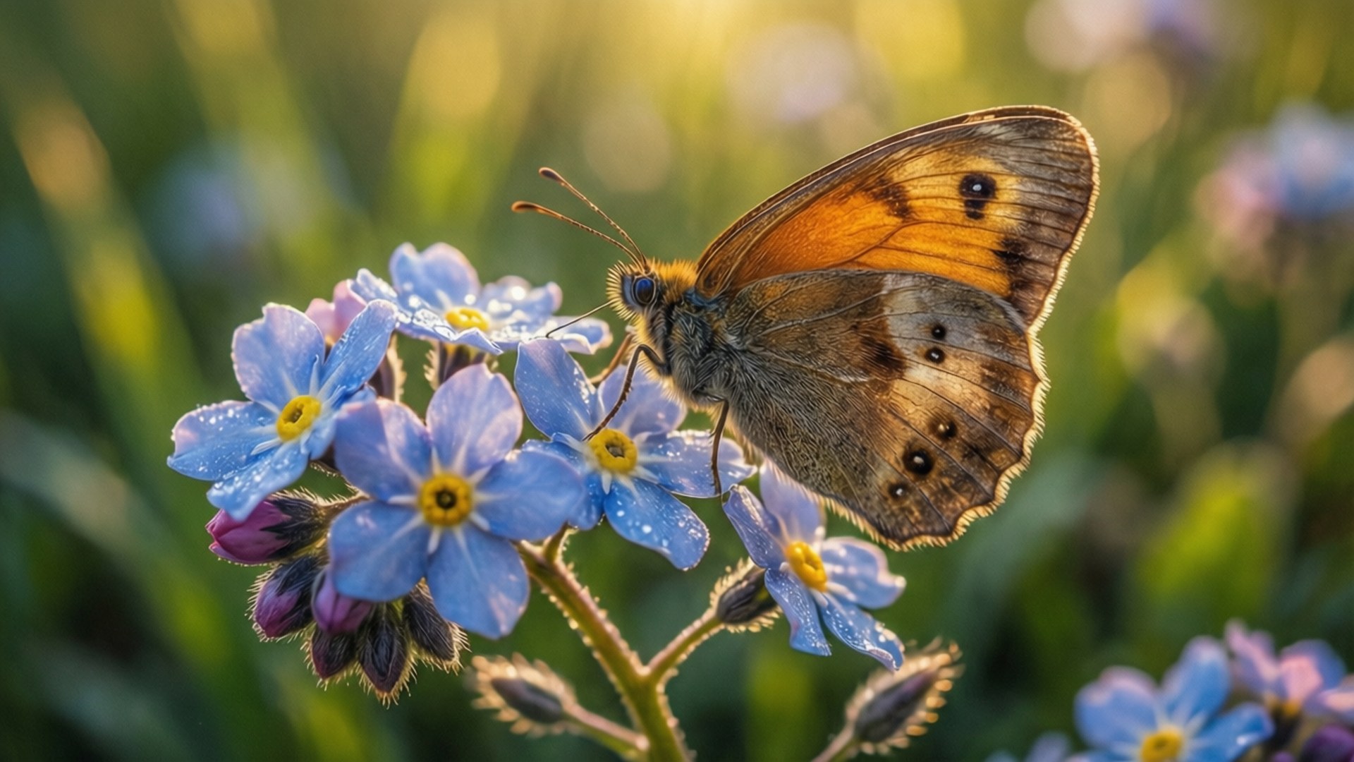 Butterfly Among Forget-Me-Nots 壁紙 — 一隻帶有橙色斑紋的棕色蝴蝶，輕柔地停在被金色陽光沐浴的帶露藍色勿忘我花上。