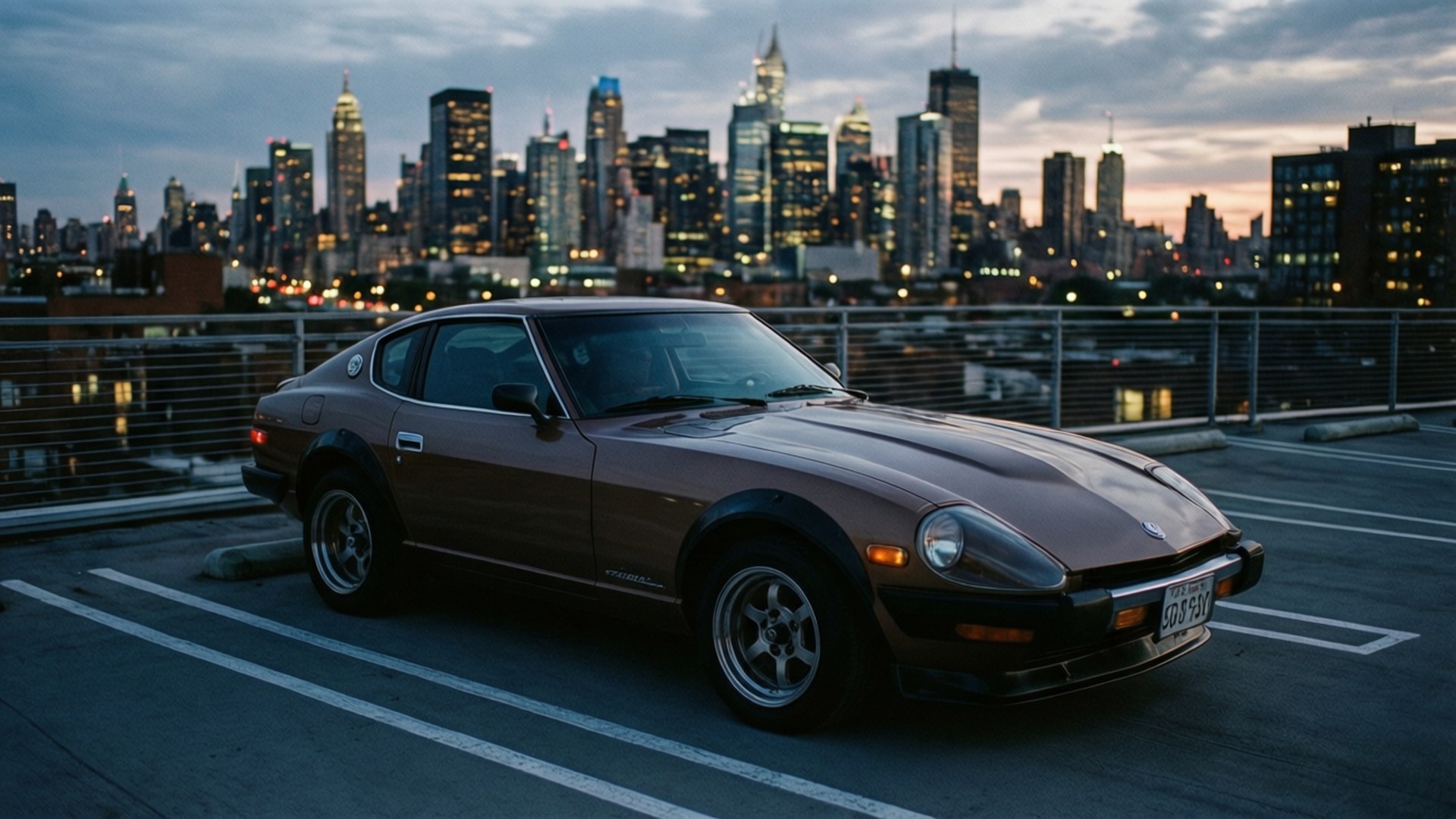 Datsun 280zx 桌布 壁紙 — 一輛棕色經典跑車停放在屋頂停車場，背景是黃昏時分閃爍的城市天際線。