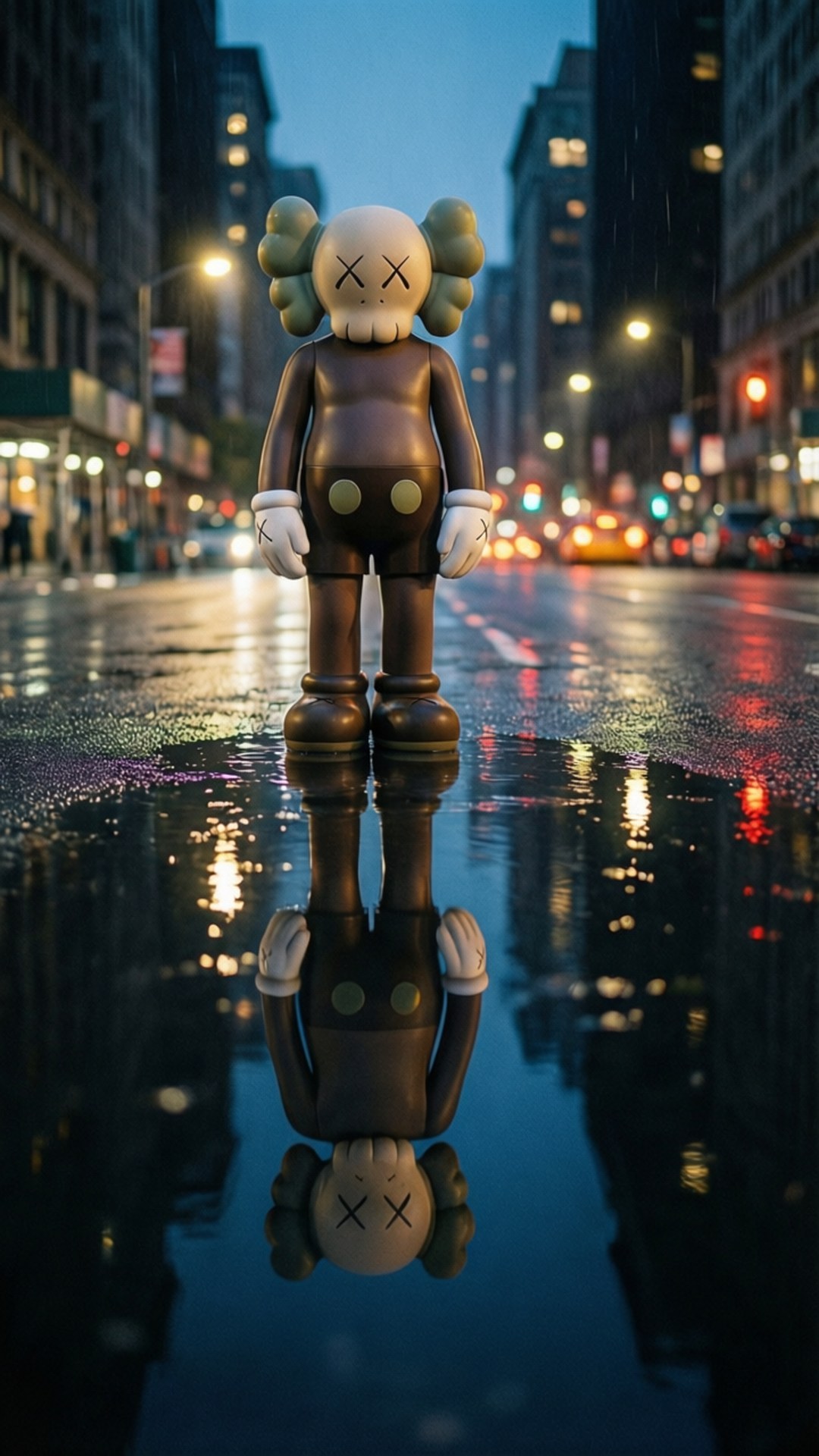 Rainy Reflection Companion 壁紙 — 一個棕色KAWS公仔站在被雨水浸透的城市街道上，它的倒影完美地映照在發光街燈下的水坑中。