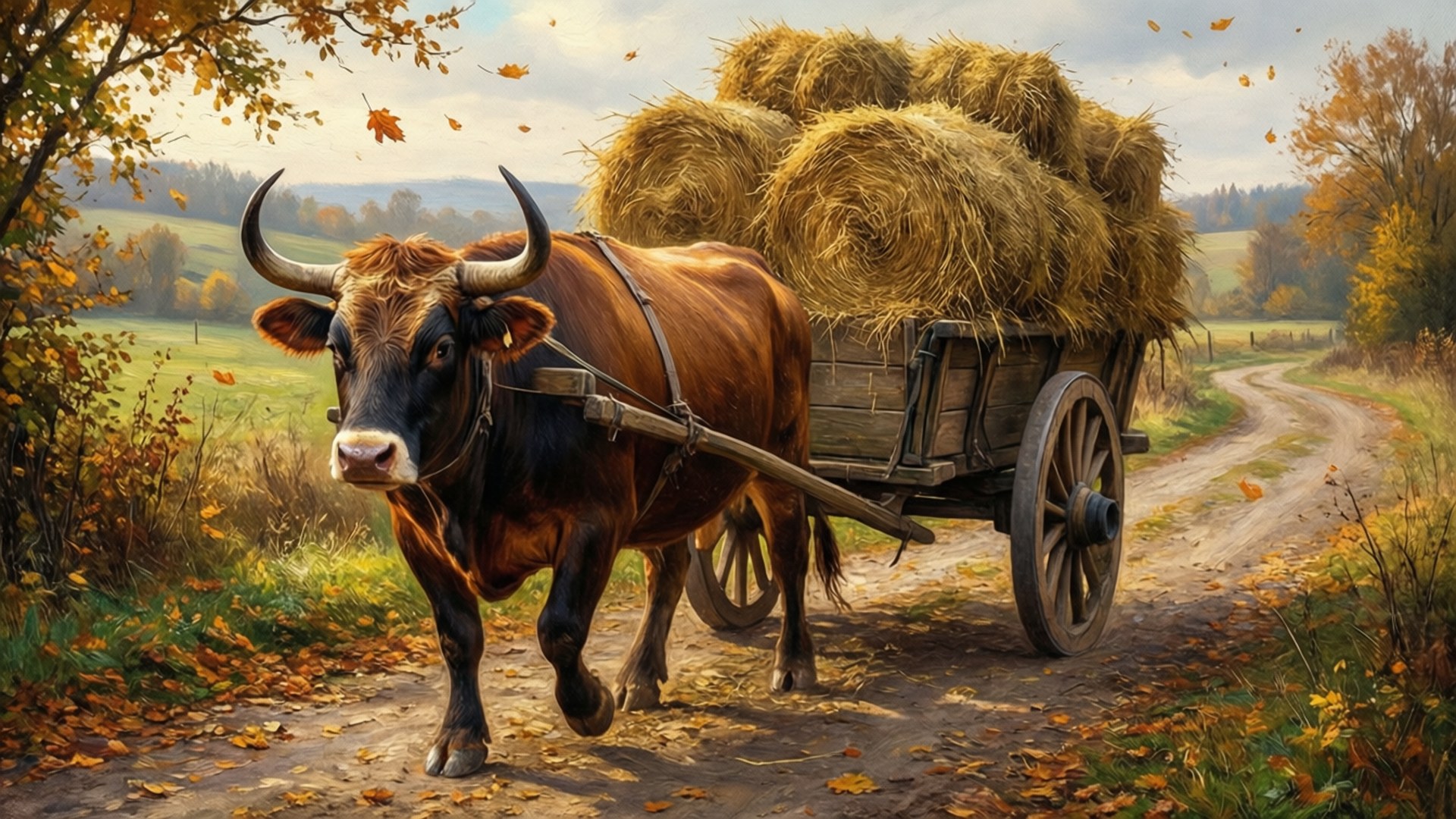 Ox Cart in Autumn 壁紙 — 一頭棕色彎角公牛拉著一輛裝滿乾草的馬車，行駛在秋季落葉滿地的泥路上。