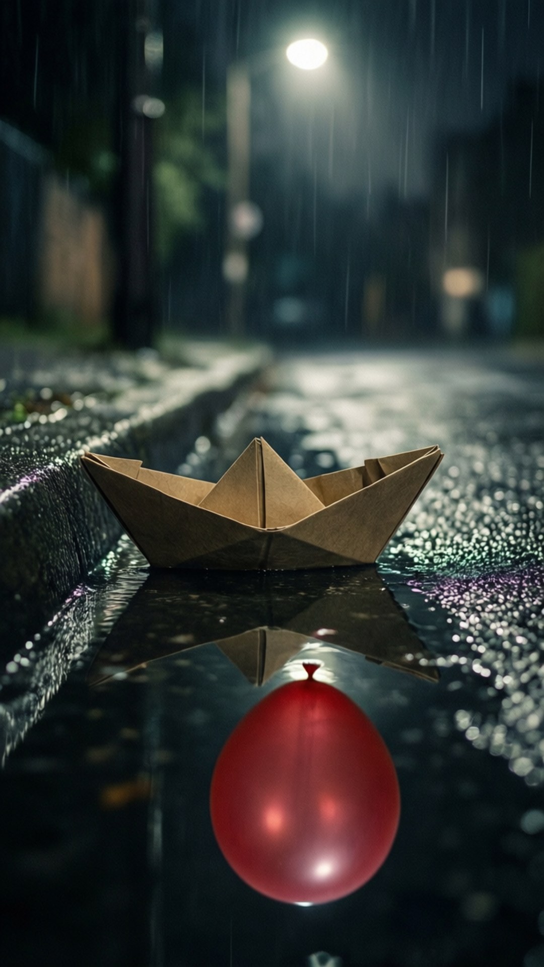 Paper Boat in Gutter 壁紙 — 夜晚，在發光的街燈下，一隻棕色紙船和紅色氣球漂浮在雨水濕滑的路面上。