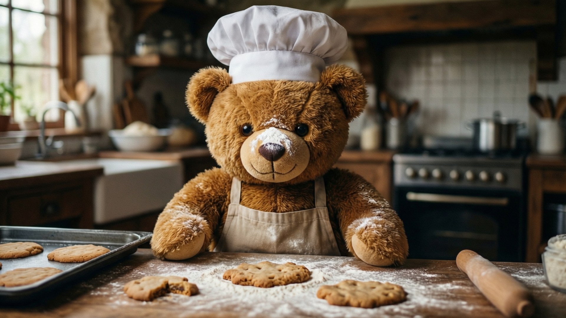 Chef Teddy Bakes 壁紙 — 一隻棕色泰迪熊戴著廚師帽和圍裙，站在灑滿麵粉的廚房檯面旁，旁邊有烤好的餅乾和擀麵棍。