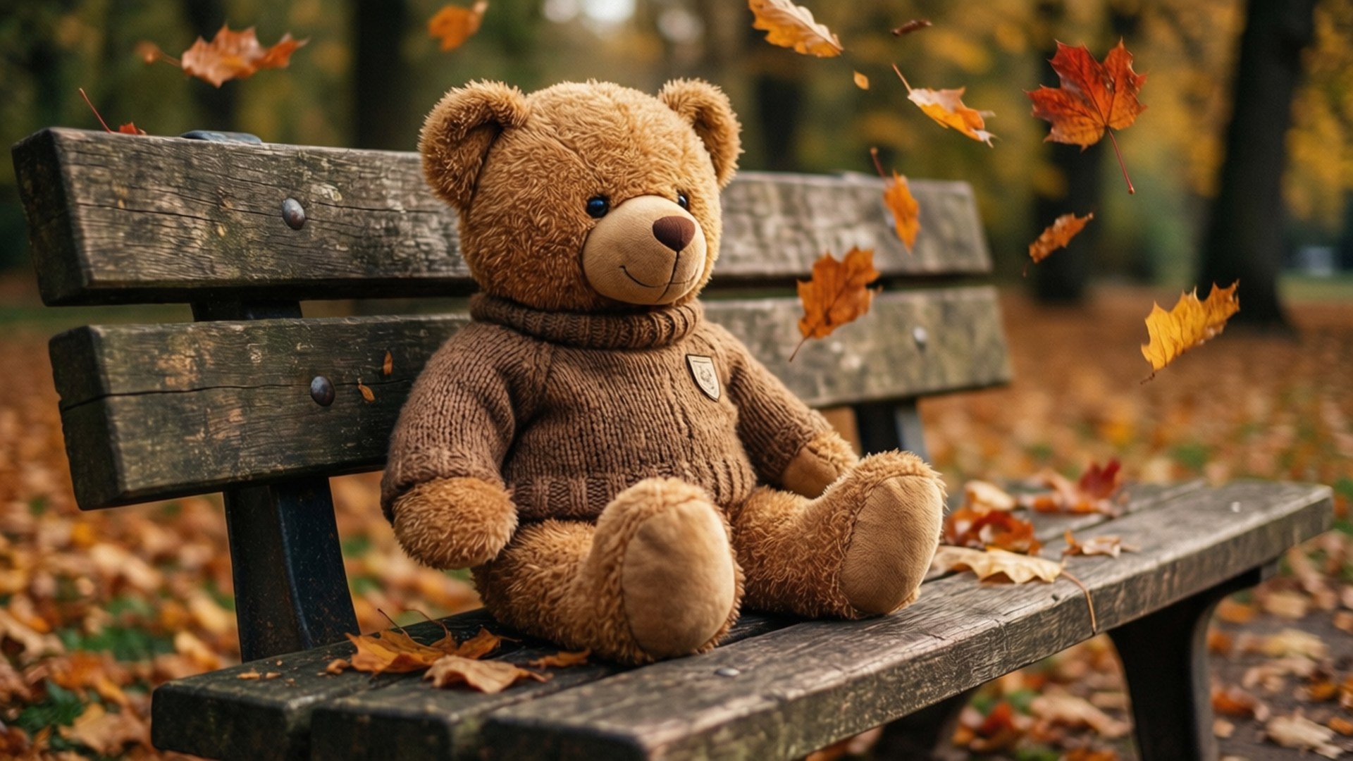 Autumn Park Teddy Bear 壁紙 — 一隻穿著針織毛衣的棕色泰迪熊獨自坐在風化的木長椅上，秋天的樹葉在森林中圍繞它旋轉。