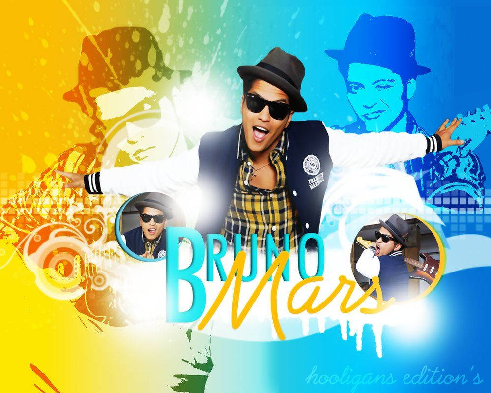 Bruno Mars 桌布 壁紙 — Bruno Mars 戴著軟呢帽和太陽眼鏡，在充滿活力的黃藍漸變背景上，以飛濺效果和自身的圓形插圖，充滿活力地擺姿勢。