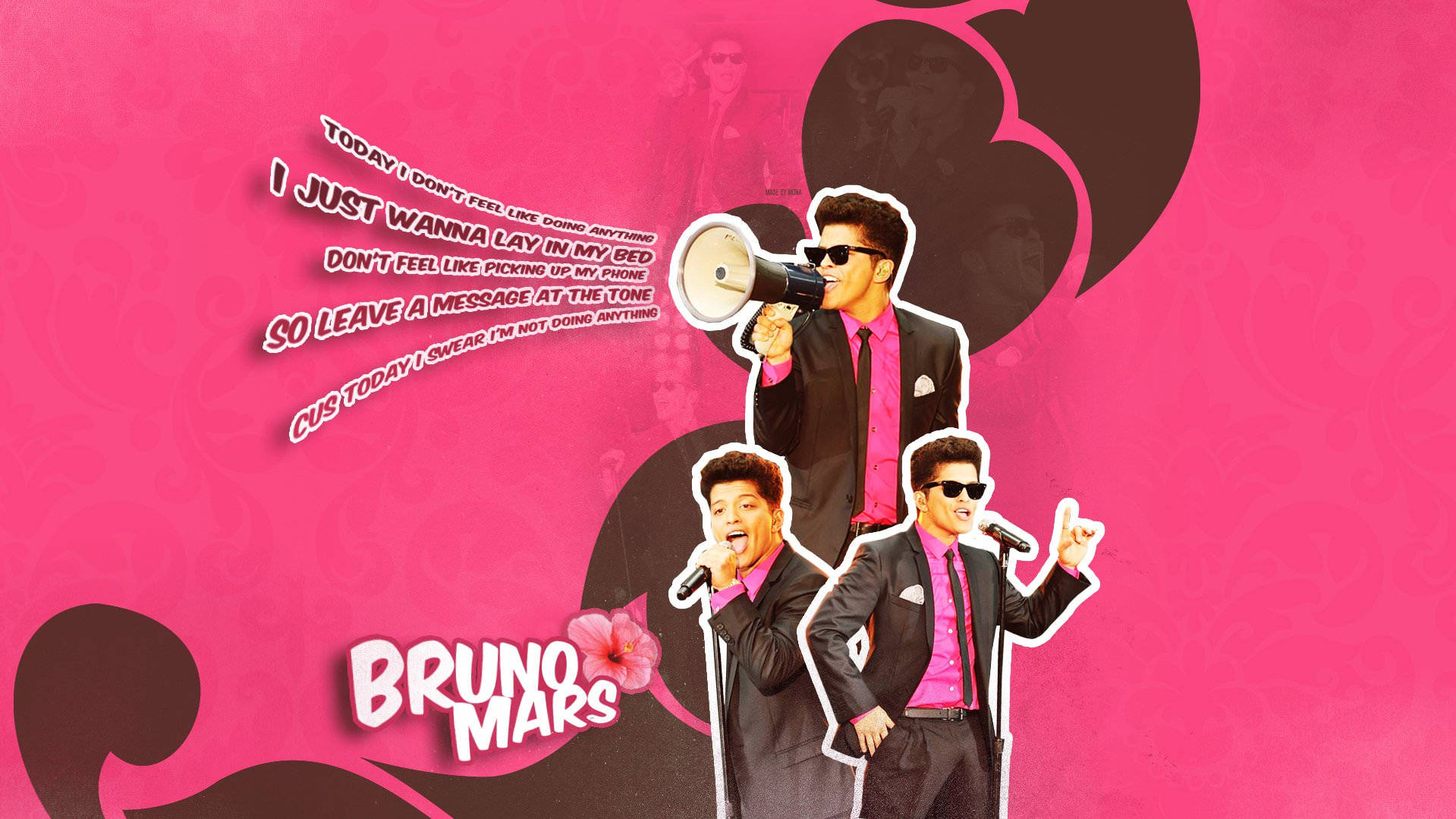 火星人布魯諾 桌布 壁紙 — Bruno Mars 穿著大膽的粉紅色西裝，在充滿活力的粉紅色背景上，用擴音器和麥克風唱歌，並帶有歌詞。