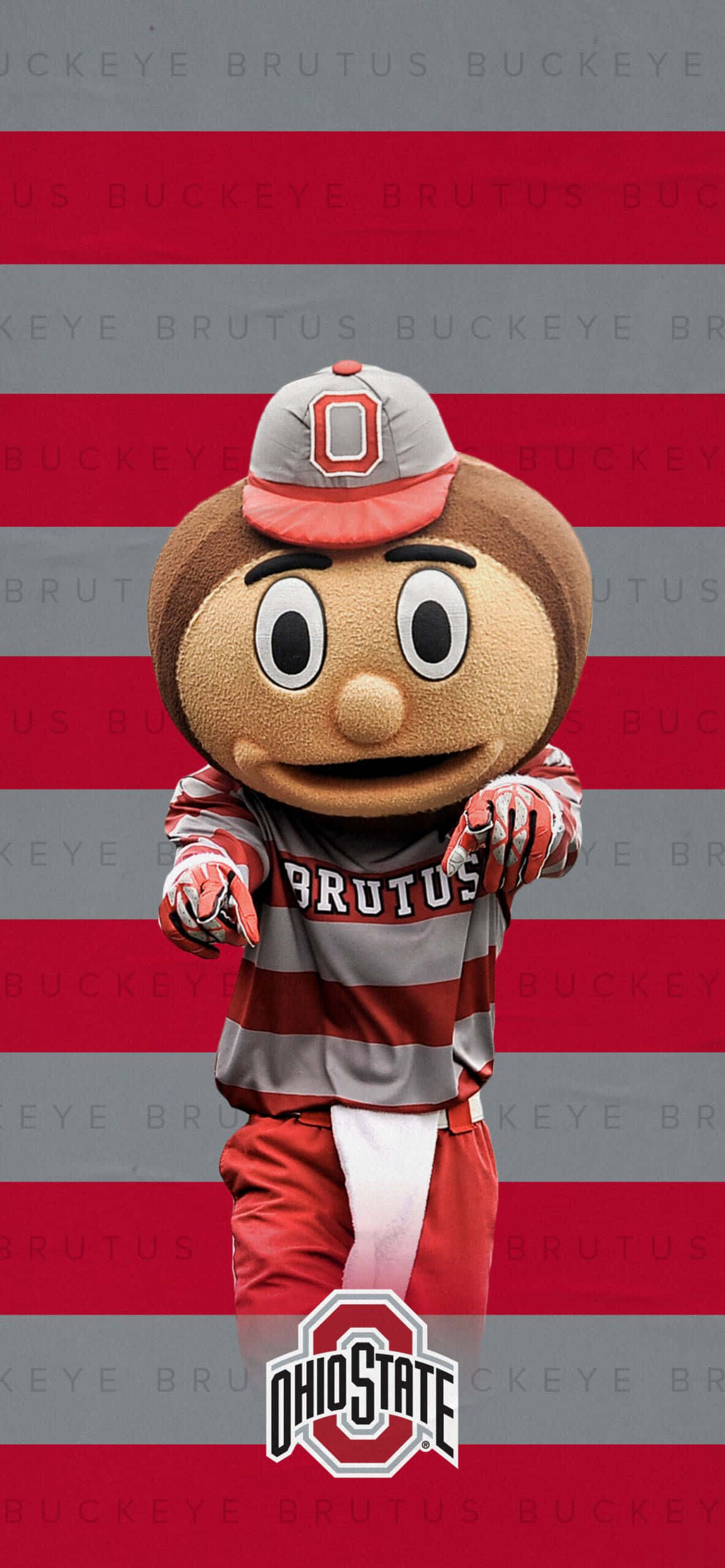 俄亥俄州立大學 桌布 壁紙 — Brutus Buckeye 吉祥物身穿紅灰條紋制服，站在重複的紅灰背景前，帶有俄亥俄州立大學標誌。