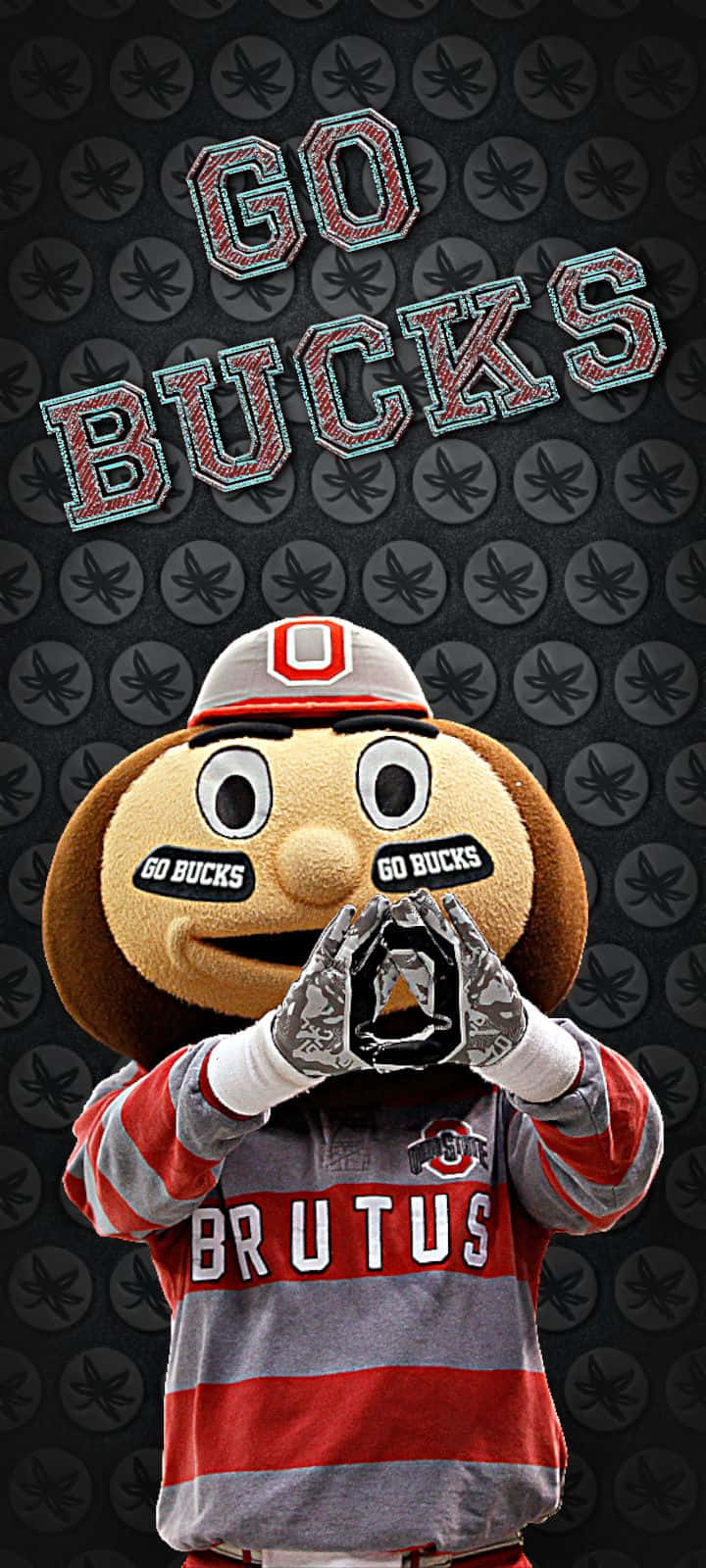 俄亥俄州立大學 桌布 壁紙 — Brutus Buckeye 吉祥物身穿紅灰色制服，在圖案深色背景上手持一個帶有「GO BUCKS」文字的足球。