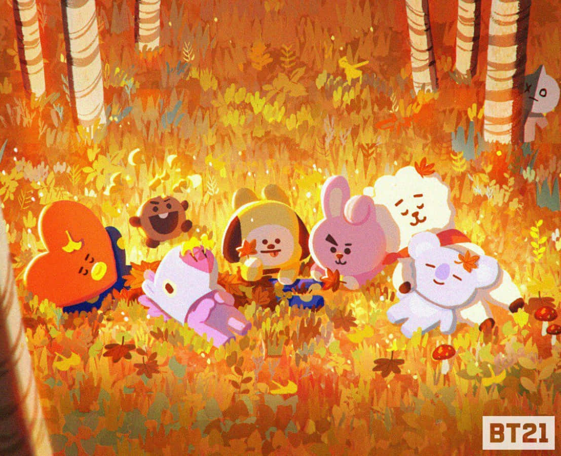 BT21 卡通角色在森林中享受陽光明媚的秋日。 — Bts 壁紙