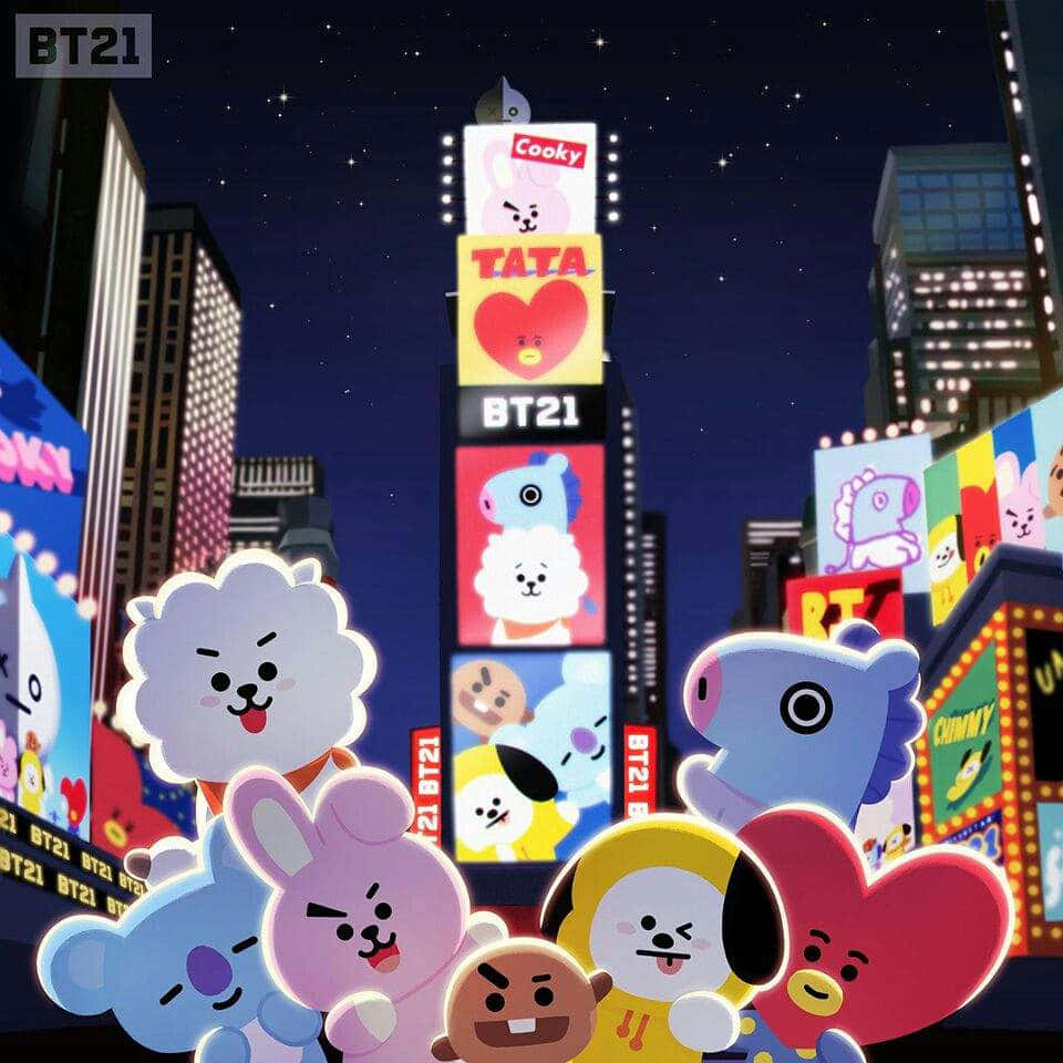 BT21 桌布 壁紙 — BT21 卡通角色在霓虹燈照亮的城市景觀中，在繁星點點的夜空下閃閃發光。