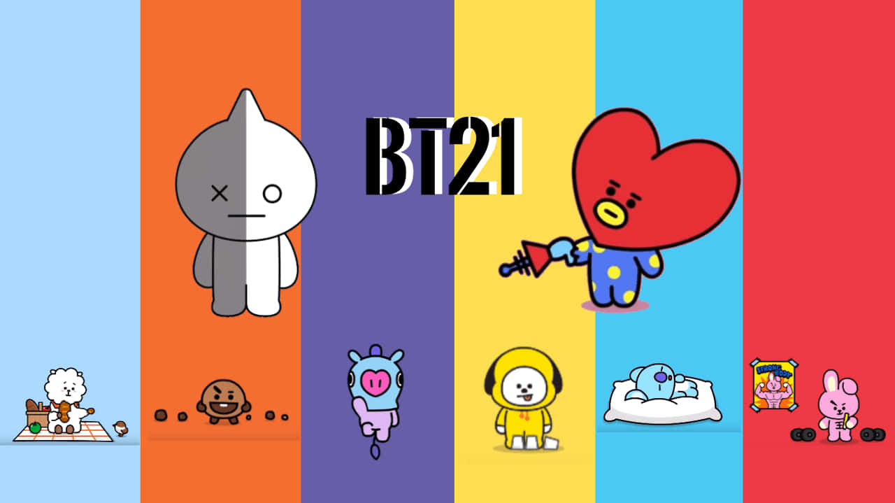 Bt21 4K 桌布 壁紙 — BT21卡通角色，採用色彩繽紛的垂直條紋，搭配大膽輪廓和俏皮姿勢。