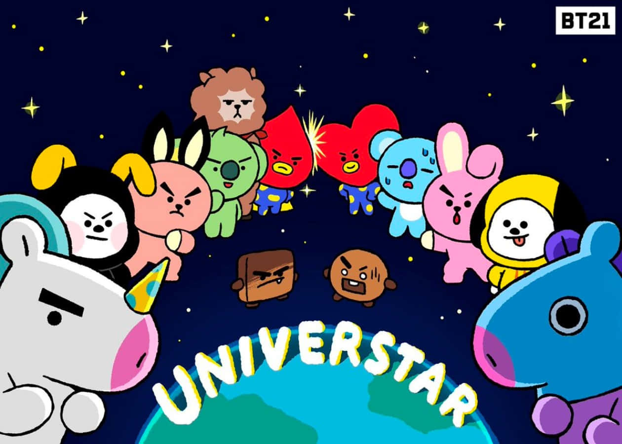 BT21角色在太空圍繞行星，帶有'UNIVERSTAR'文字。 — BT21 GIF 壁紙