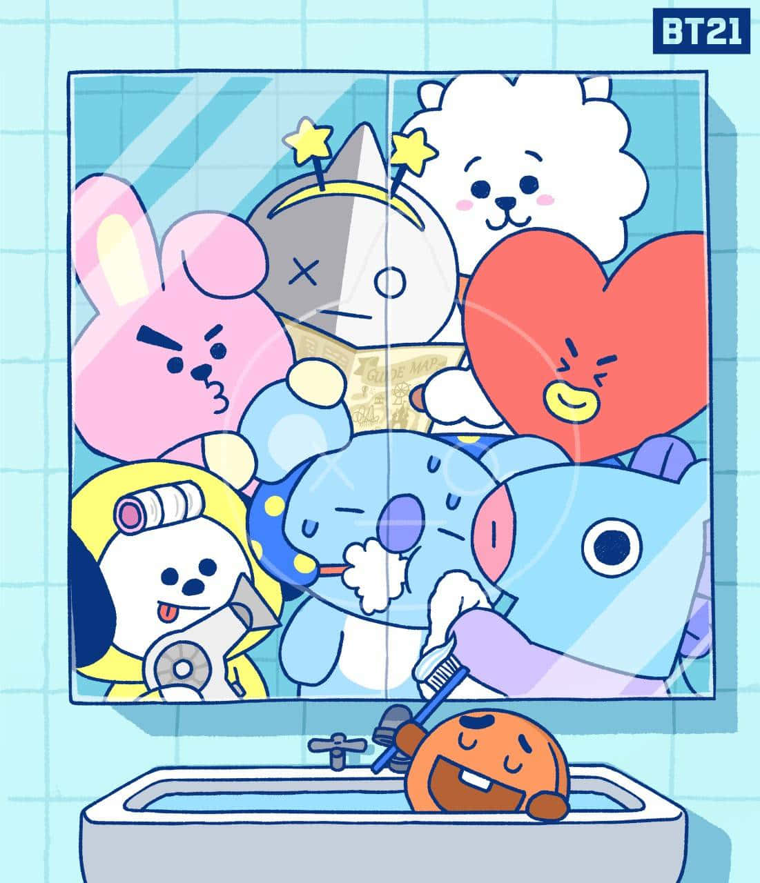 BT21 桌布 壁紙 — BT21卡通角色在浴室鏡子反射中，其中一個在水槽刷牙。
