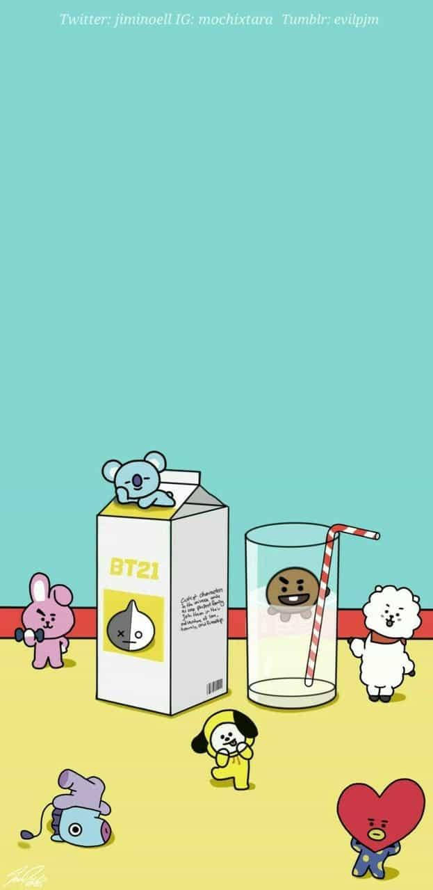 BTS 美學 桌布 壁紙 — BT21卡通角色在青綠色背景前，於明亮的黃色地板上頑皮地圍繞著一個牛奶盒和玻璃杯。