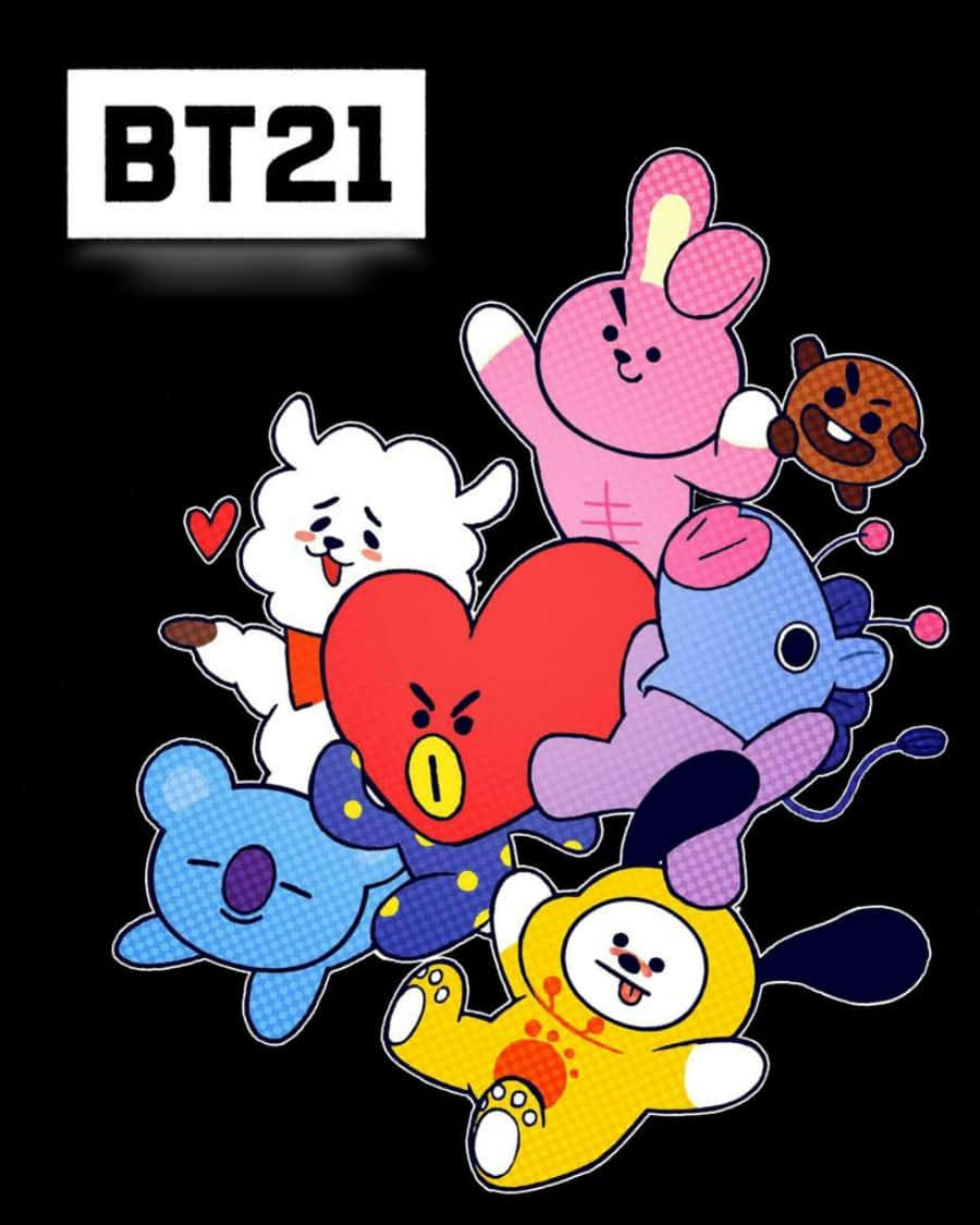 BT21 桌布 壁紙 — BT21卡通角色愉快地堆疊在黑色背景上的紅色心形周圍。