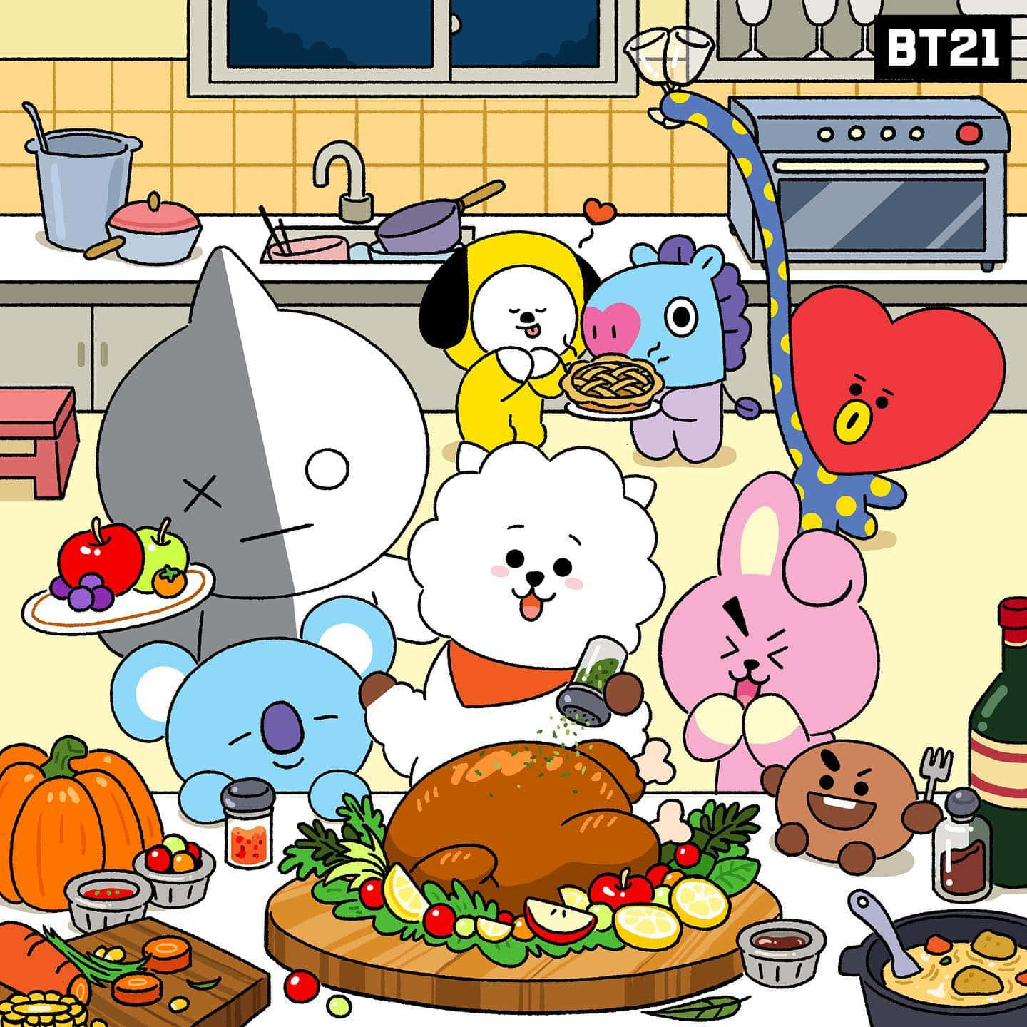 BT21 桌布 壁紙 — BT21卡通角色愉快地聚集在廚房，圍著烤火雞和節日美食。