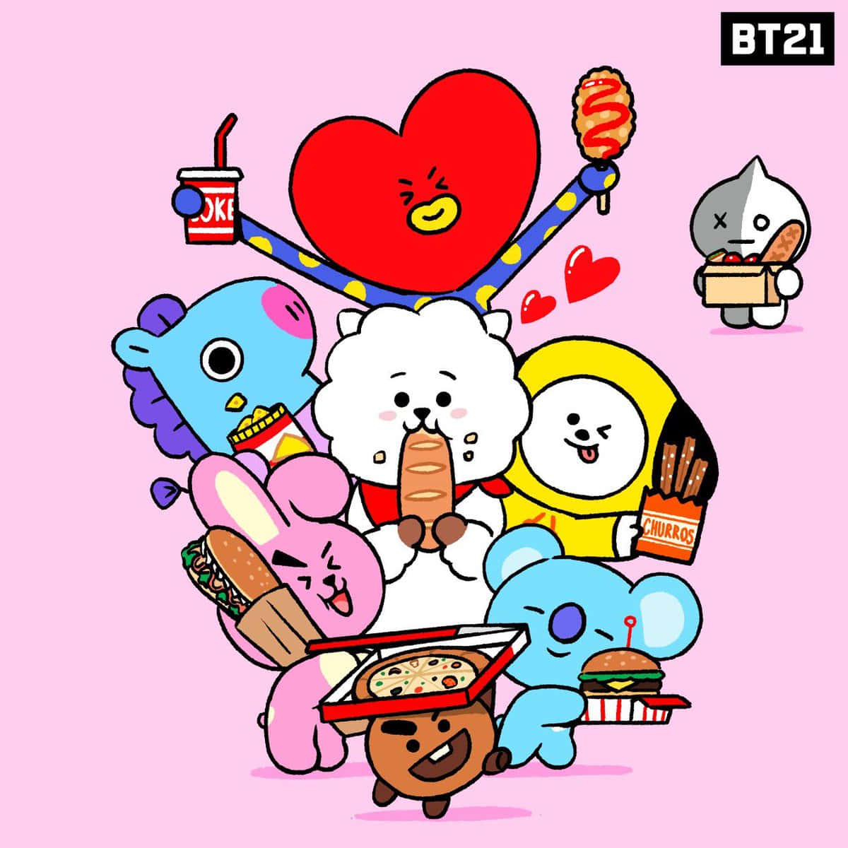BT21 桌布 壁紙 — BT21卡通角色愉快地聚集在軟粉紅色背景前的快餐食品周圍。
