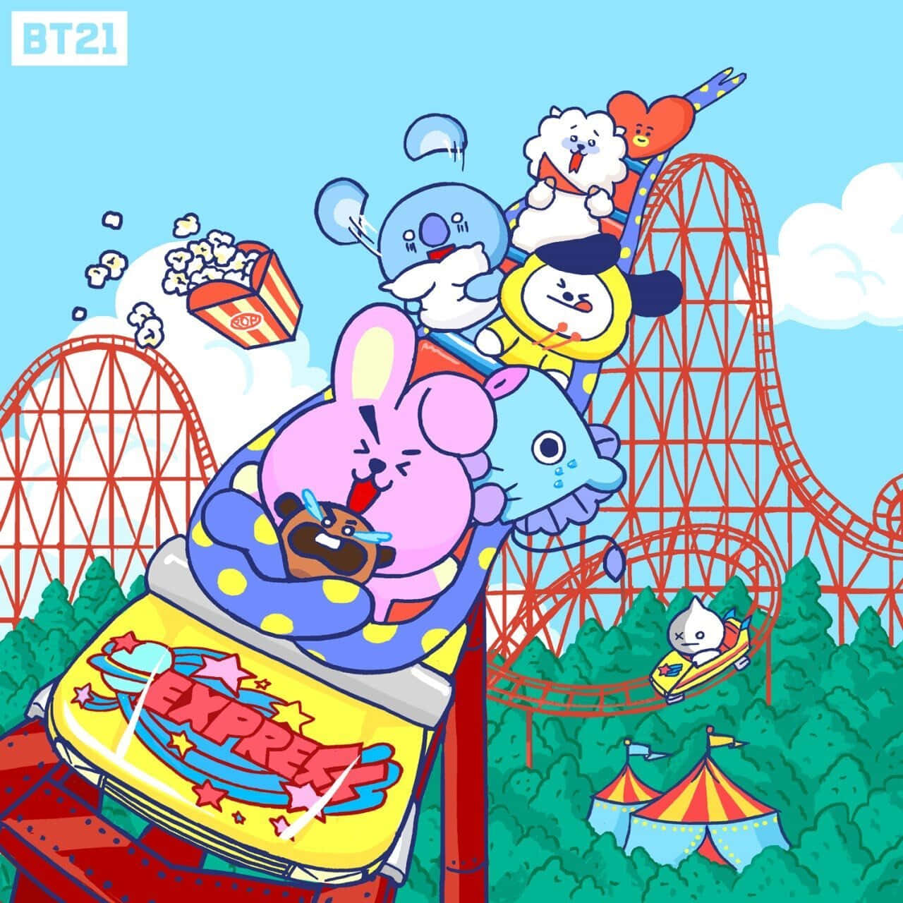 BT21 桌布 壁紙 — BT21角色乘坐雲霄飛車，爆米花飛舞，下方有一個馬戲團帳篷，呈現出充滿活力的卡通場景。