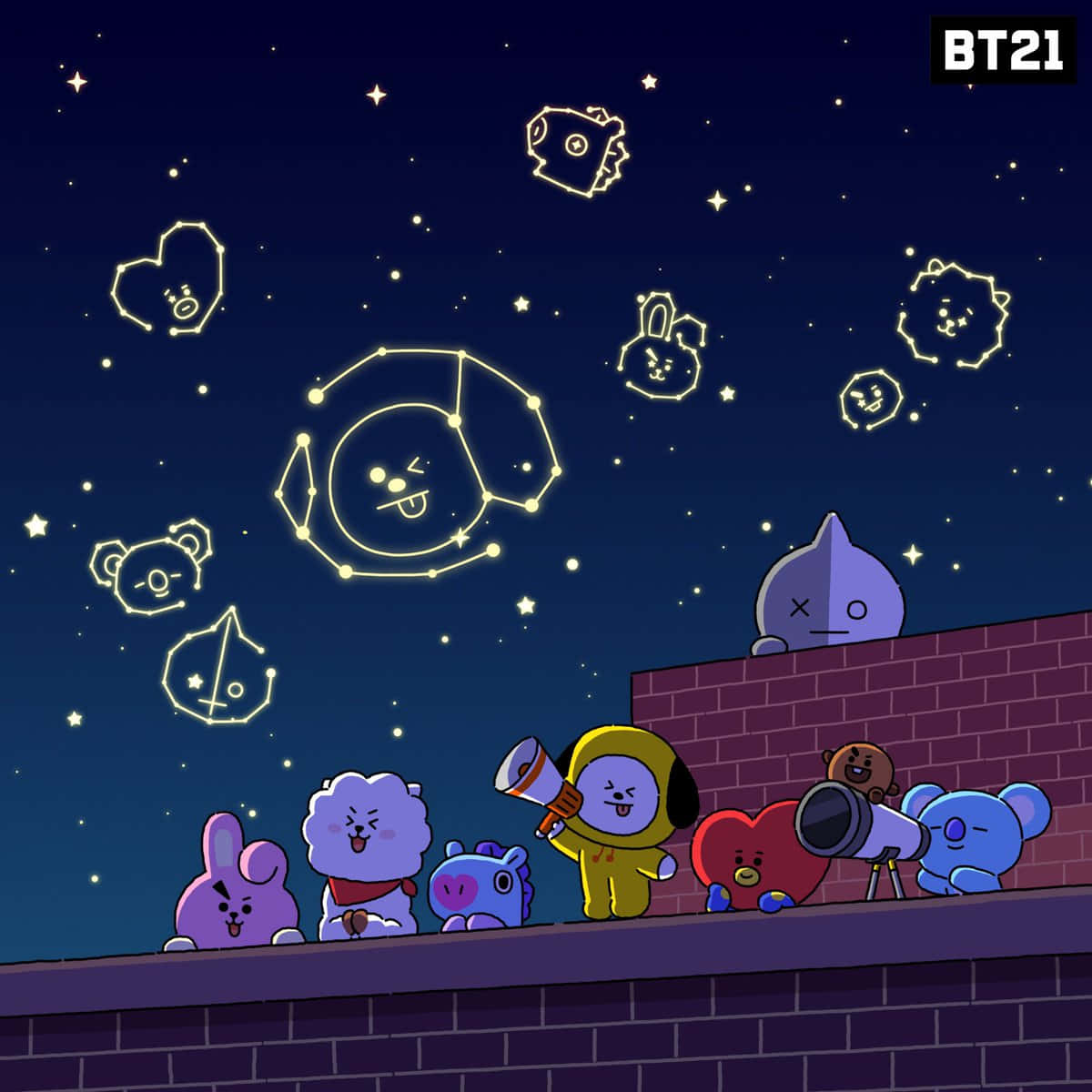 BT21 桌布 壁紙 — BT21角色仰望星空，星座形成他們的臉孔和動物形狀。
