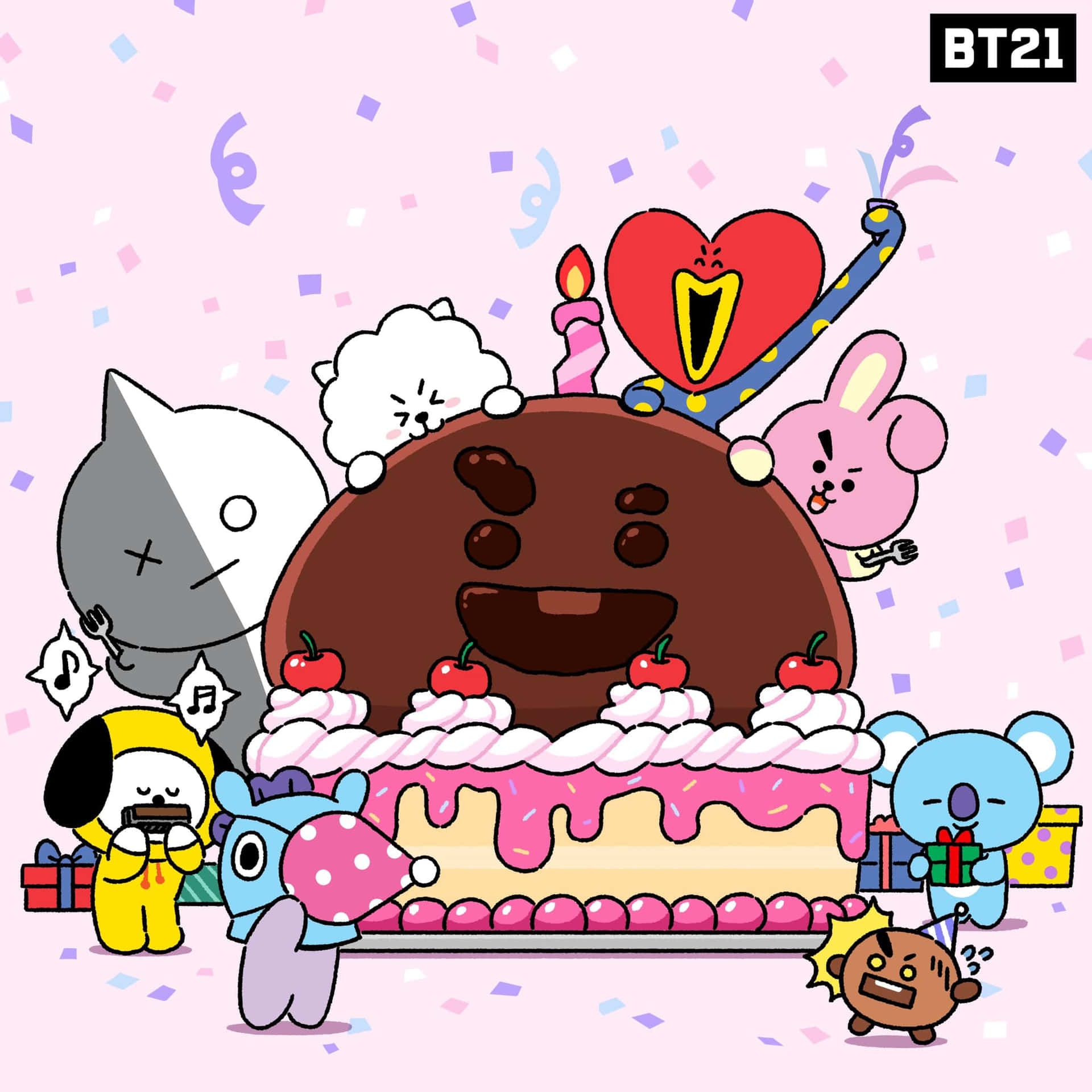BT21 桌布 壁紙 — BT21角色圍著一個巨大的巧克力蛋糕慶祝，蛋糕上有蠟燭和五彩紙屑，背景是粉紅色。