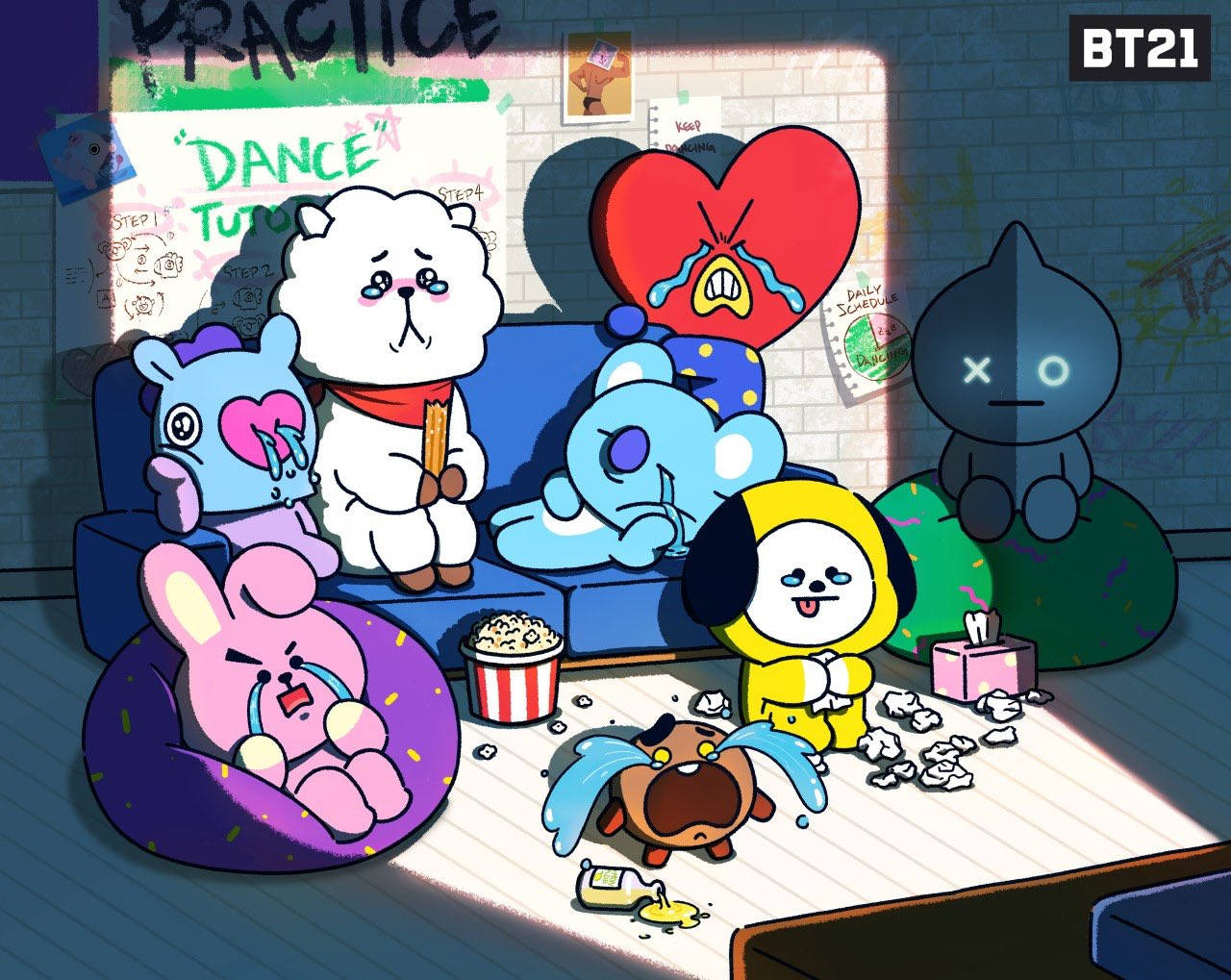 Koya 桌布 壁紙 — BT21角色在凌亂的房間裡，在溫暖的陽光下為灑出的爆米花和破碎的心海報哭泣。