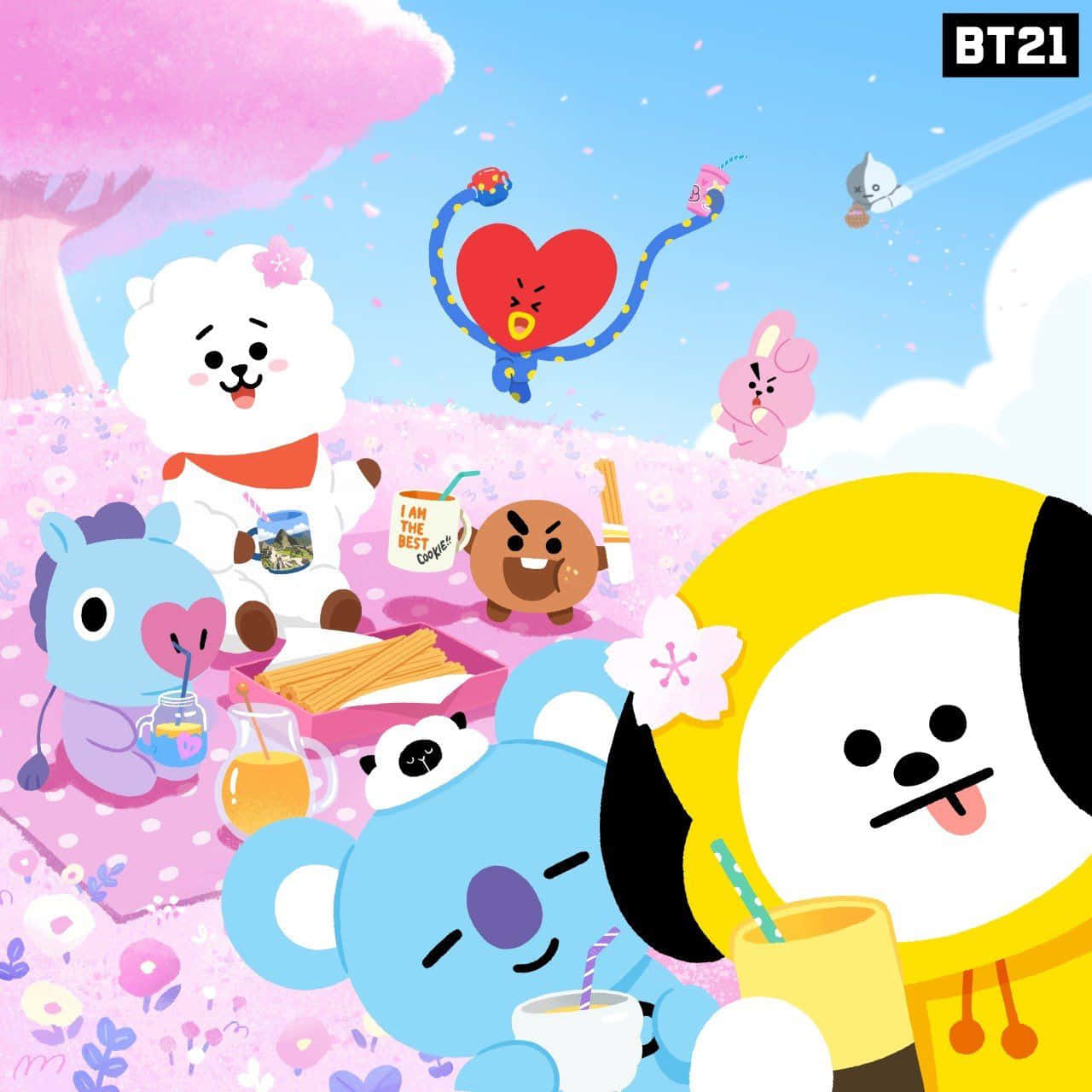 BT21 桌布 壁紙 — BT21角色在粉紅櫻花樹下享受愉快的野餐，有漂浮的心形和飲料。