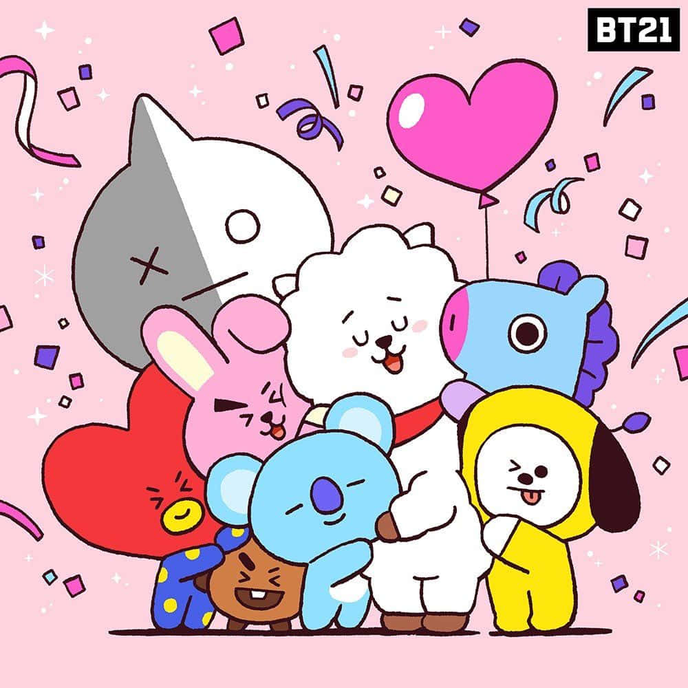 BT21 桌布 壁紙 — BT21角色在粉紅色背景上以五彩紙屑、心形和氣球歡樂慶祝。