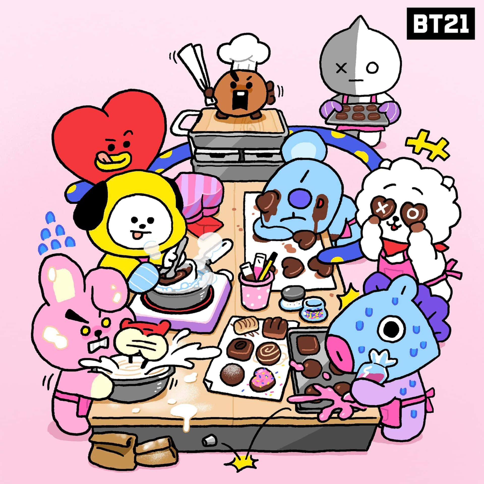 BT21 桌布 壁紙 — BT21角色在粉紅色背景的凌亂廚房裡愉快地烘烤混亂的巧克力美食。