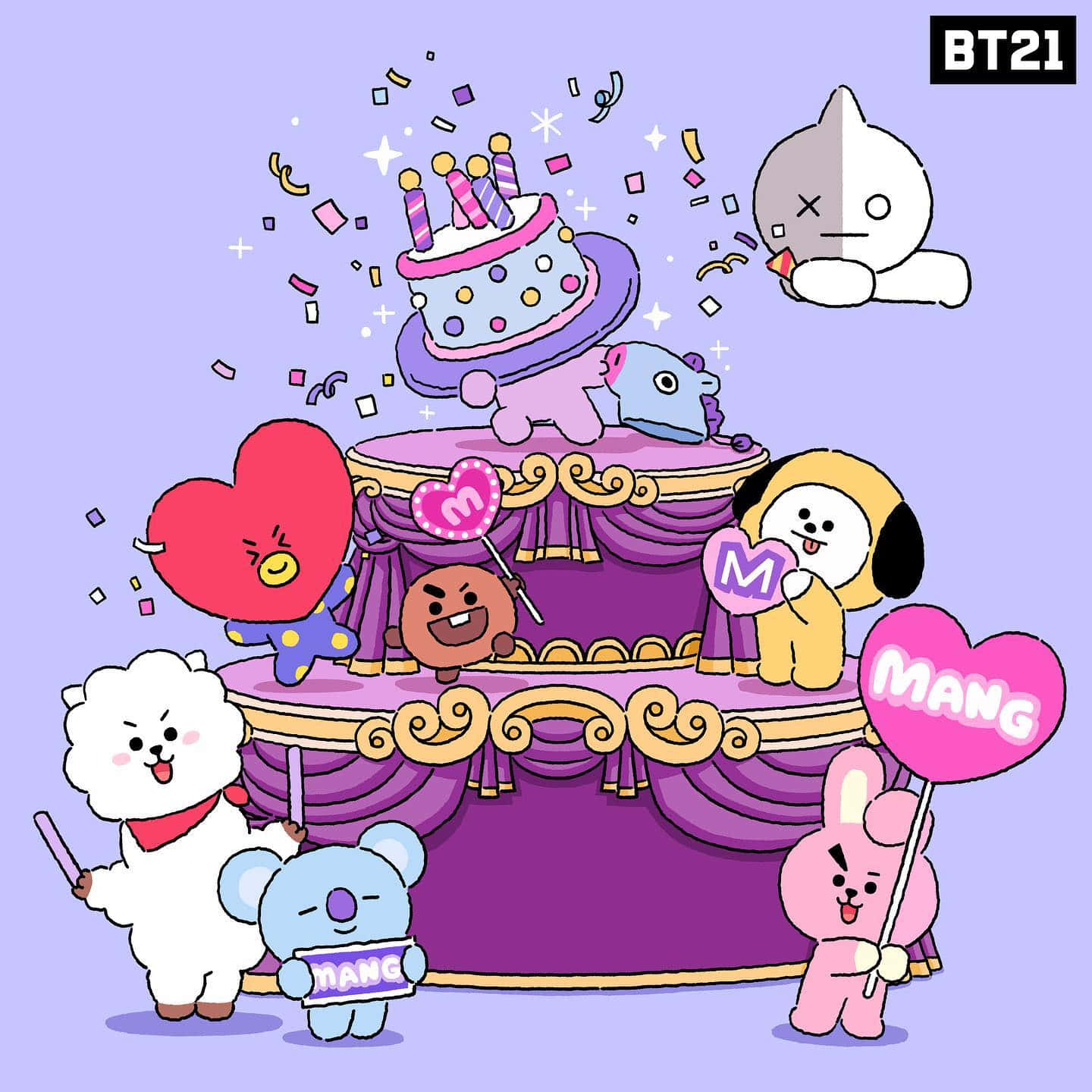 BT21 桌布 壁紙 — BT21角色在薰衣草天空下的紫色舞台上，用巨型蛋糕和五彩紙屑慶祝。