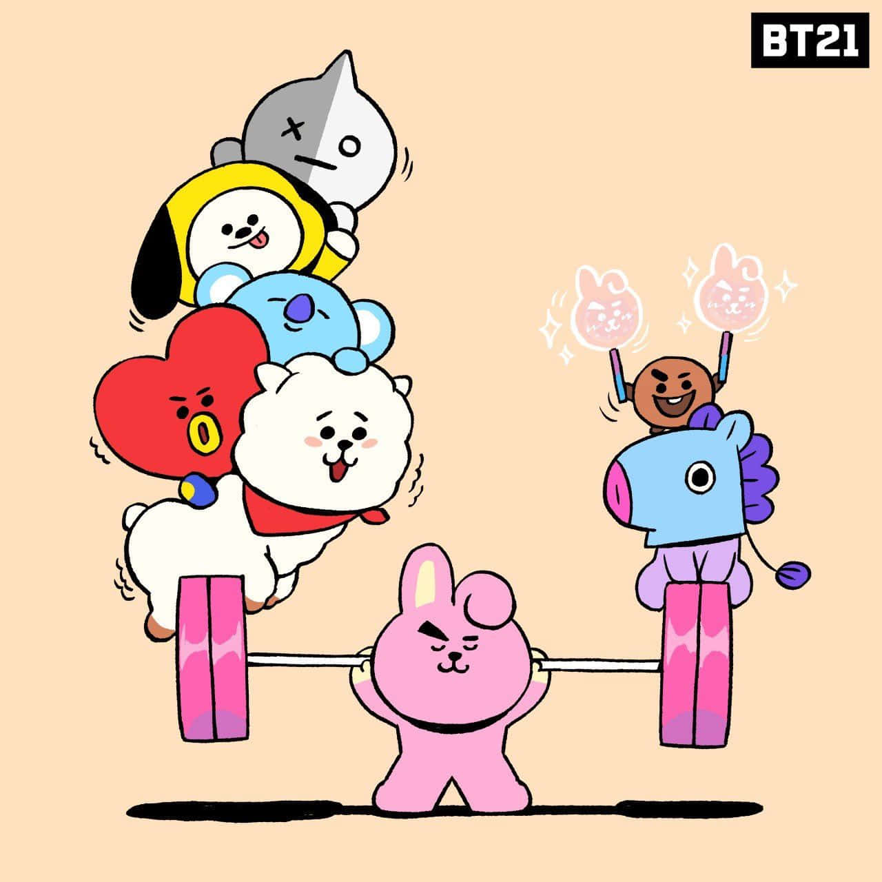 BT21 桌布 壁紙 — BT21角色愉快地堆疊在粉紅色槓鈴上，而一隻粉紅色兔子堅定地舉重。