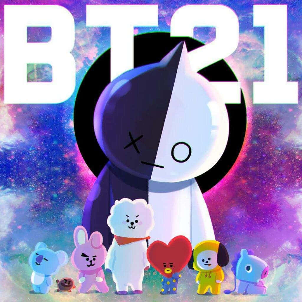 BT21 桌布 壁紙 — BT21角色站在宇宙星雲背景前，帶有粗體白色標誌文字。