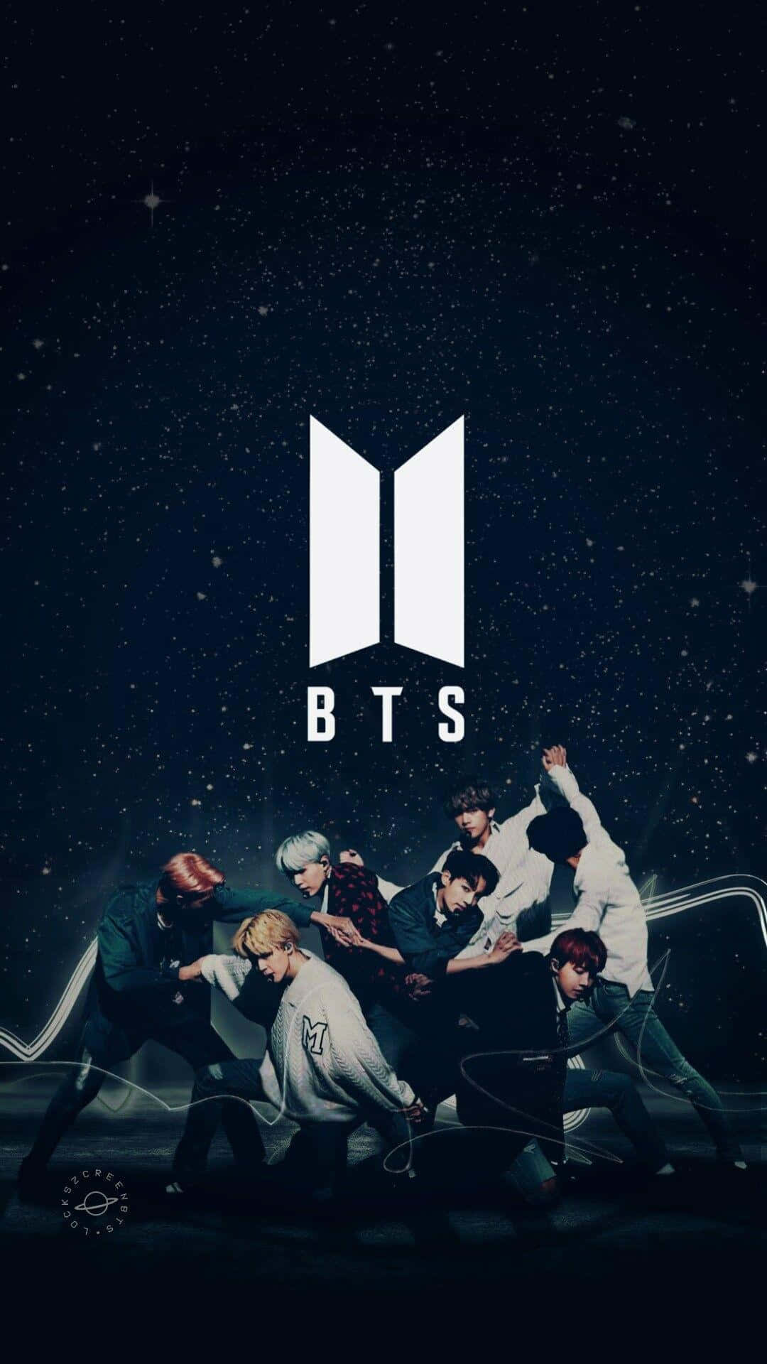 BTS 桌布 壁紙 — BTS 七位成員在星空下動感擺姿勢，他們的標誌在他們上方發光。