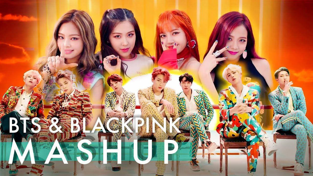 BTS 和 BLACKPINK 桌布 壁紙 — BTS 和 BLACKPINK 成員穿著色彩繽紛的圖案西裝，在熾熱的橙色日落背景下擺姿勢，並帶有粗體文字疊加。