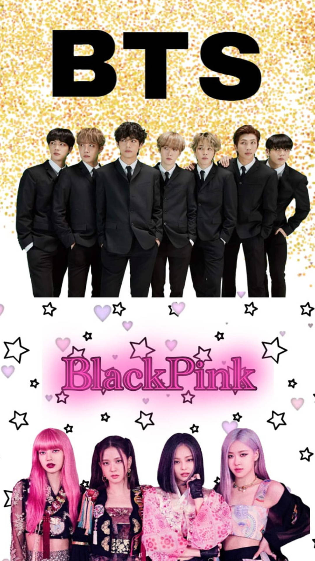 BTS 和 BLACKPINK 桌布 壁紙 — BTS 和 BlackPink 自信地站在閃爍的金色和粉紅色星空背景前，帶有醒目的組合名稱。