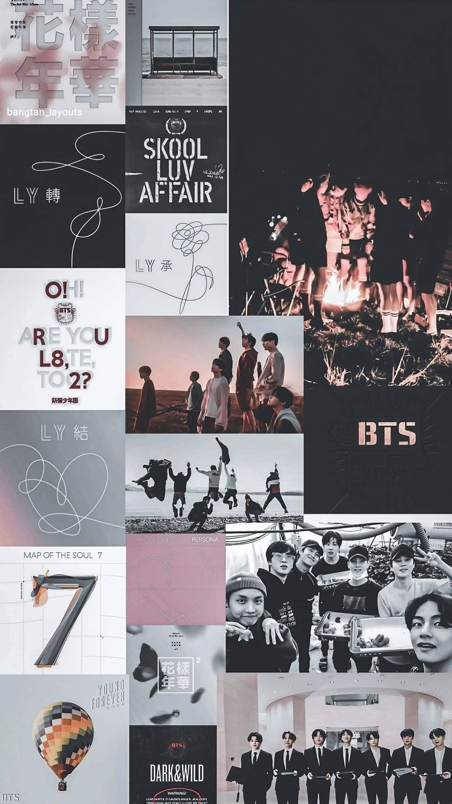Aesthetic Korean 桌布 壁紙 — BTS 專輯封面和照片的拼貼，包含團體照、文字藝術和單色及鮮豔色調的風格化圖像。