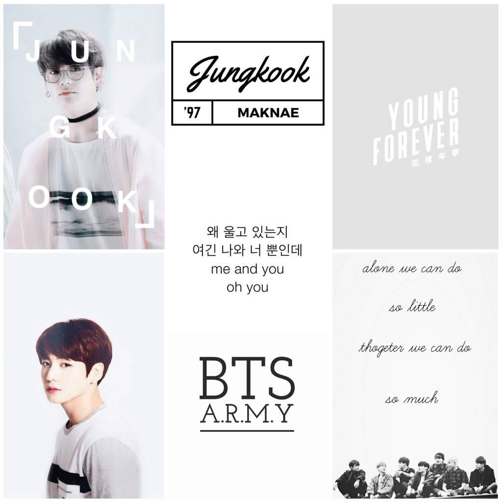 Jungkook Aesthetic 桌布 壁紙 — BTS 成員 Jungkook 的拼貼畫，帶有文字疊加和團體照片，採用極簡黑白風格。