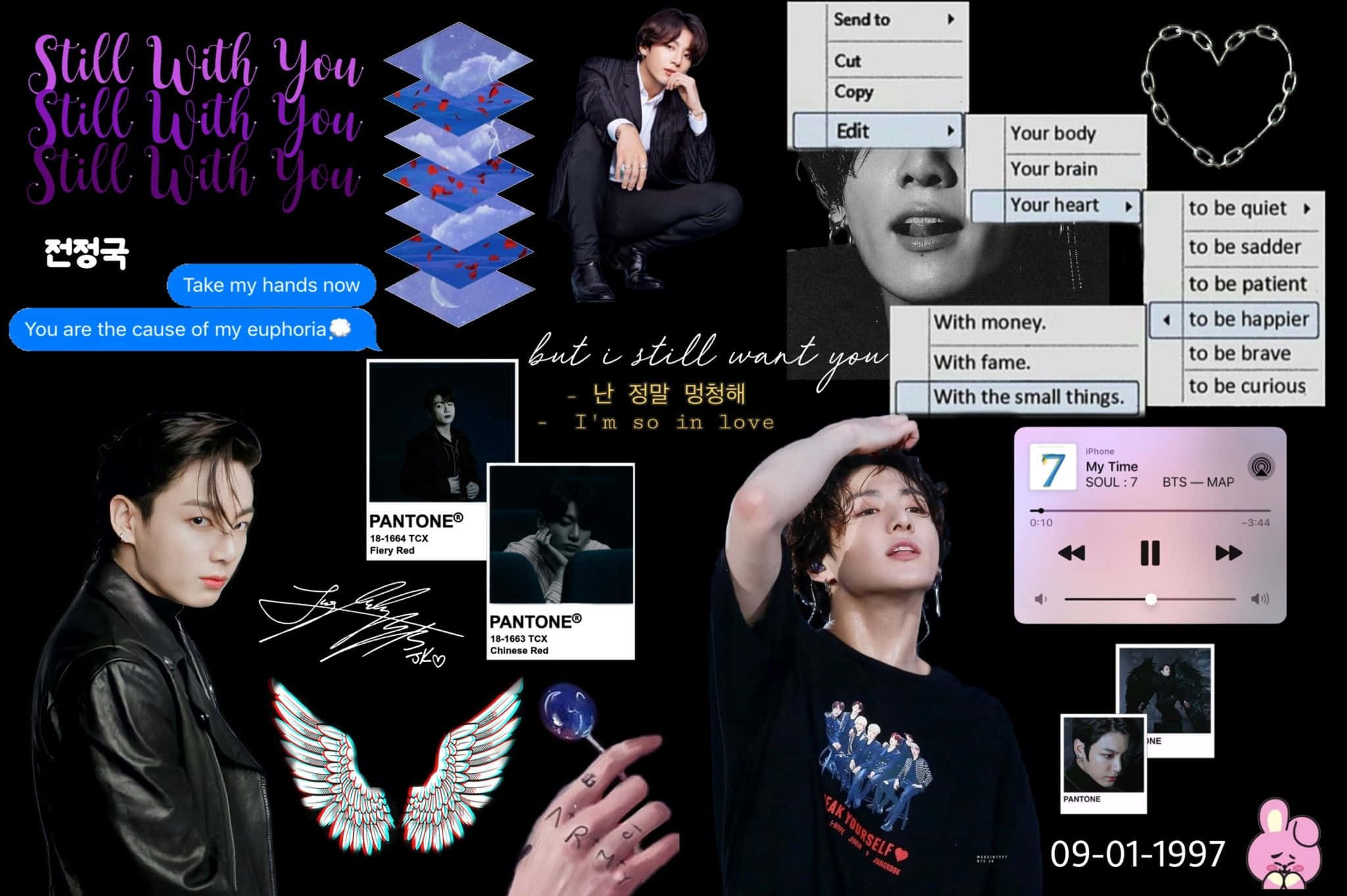 Jungkook 桌布 壁紙 — BTS 成員 Jungkook 的照片和歌詞拼貼，疊加 Pantone 色票和音樂播放器 UI 元素。