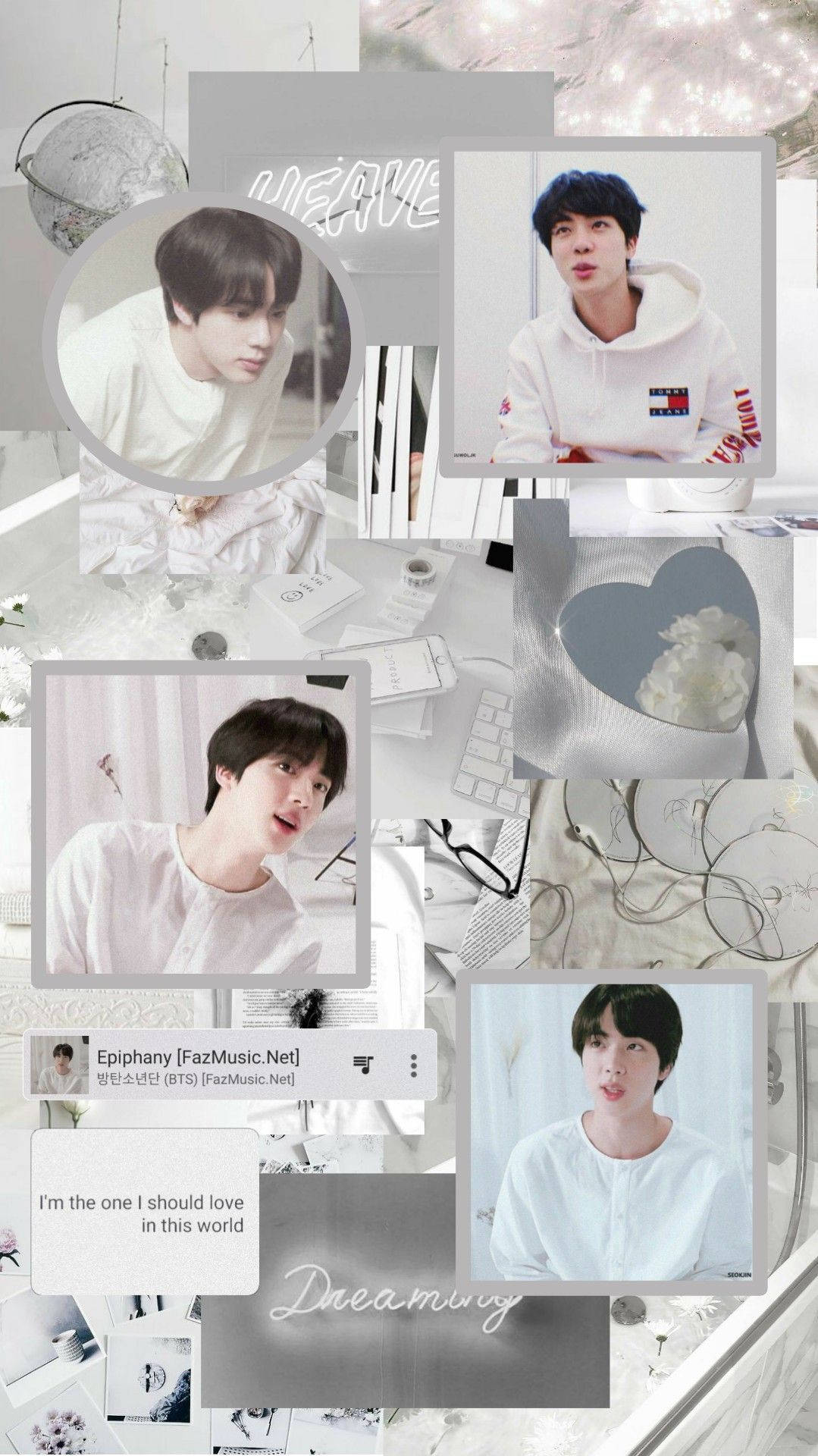 Jin Bts Cute 桌布 壁紙 — BTS 成員 Jungkook 身穿白色連帽衫和 T 恤的柔和單色拼貼畫，周圍環繞著閃閃發光的心形、音樂歌詞和夢幻的文字疊加。