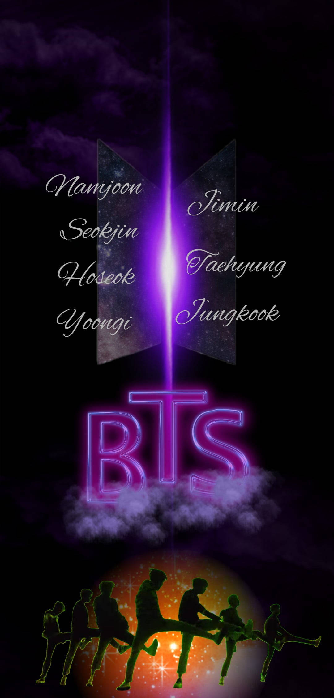 舞蹈 桌布 壁紙 — BTS 成員以剪影形式跳躍，背景為宇宙，上方有發光的紫色 BTS 標誌和成員名字。