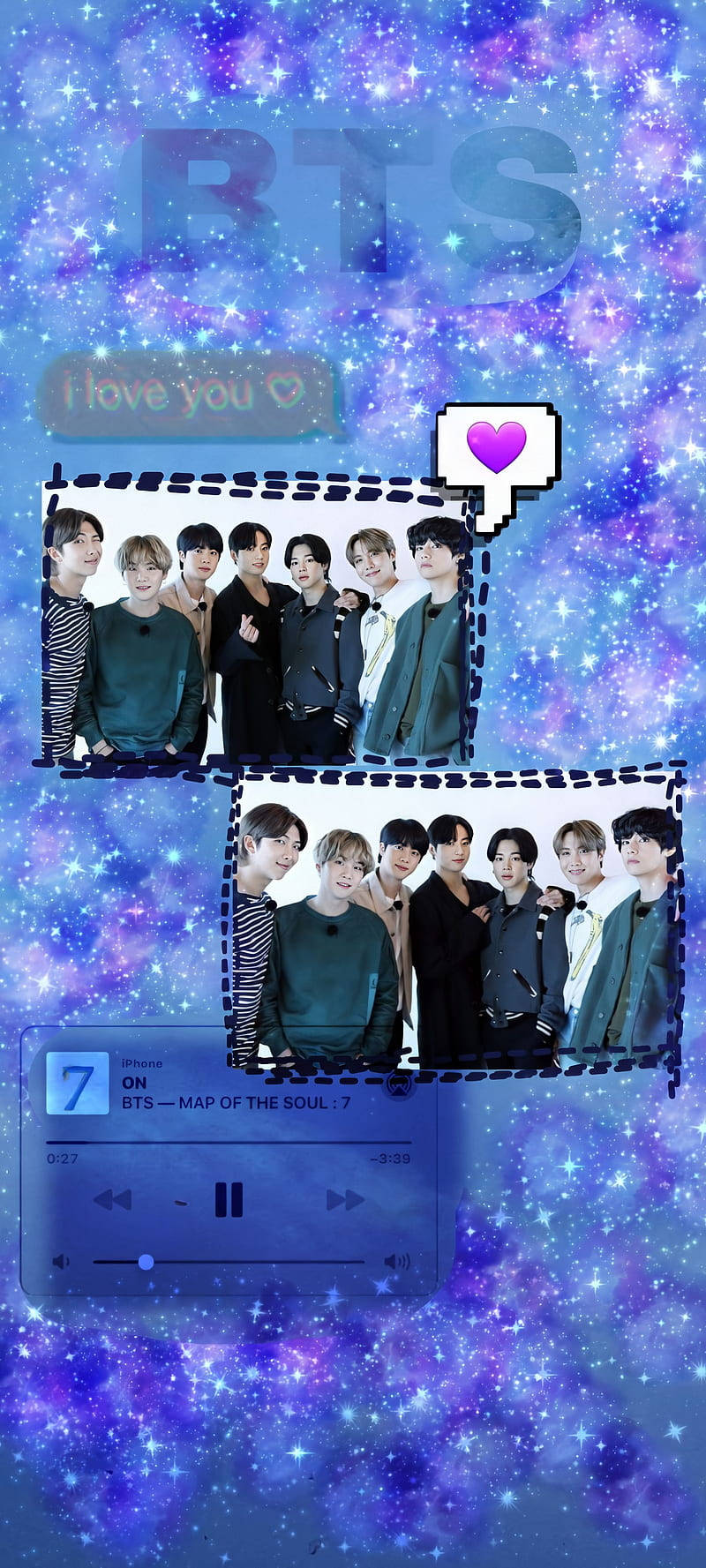 BTS 美學 桌布 壁紙 — BTS 成員出現在相框中，背景是閃爍的紫色銀河，帶有音樂播放器和心形圖標。