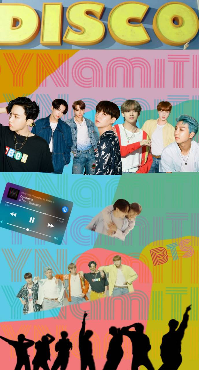 bts photoshoot 桌布 壁紙 — BTS 成員在充滿活力的復古迪斯可主題背景前充滿活力地擺姿勢，背景有粗體字型和跳舞剪影。