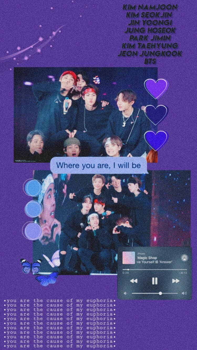 BTS 桌布 壁紙 — BTS 成員在紫色星星背景的拼貼畫中微笑擺姿勢，配有紫色心形、蝴蝶和歌詞。
