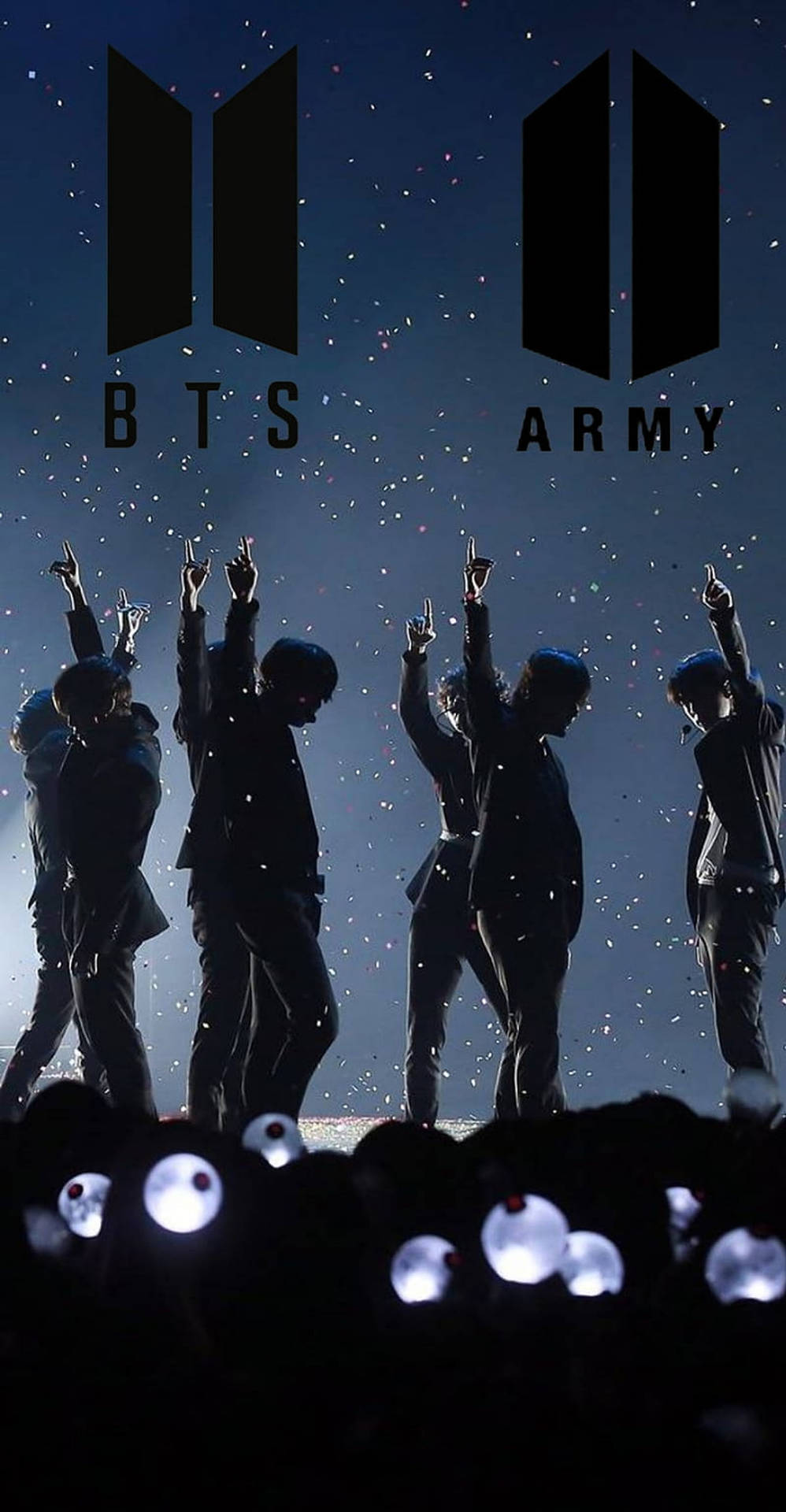 舞台上的 BTS 剪影，粉絲手持燈光，上方有 'BTS ARMY' 標誌。
