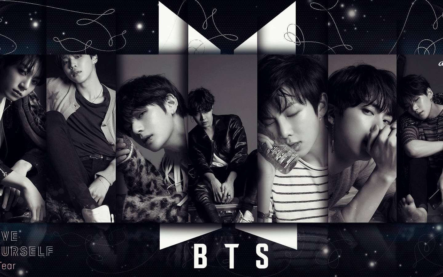  壁紙 — BTS 成員的黑白拼貼畫，以憂鬱、風格化的姿勢，搭配星空宇宙背景和幾何形狀。