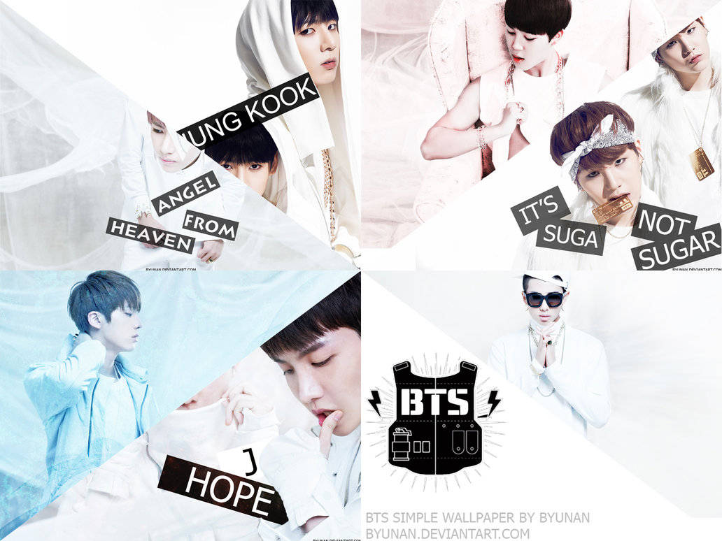 BTS 桌布 壁紙 — BTS 成員身穿白色和藍色服裝的拼貼畫，帶有文字疊加和黑色背心標誌，背景明亮。