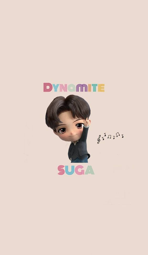 Suga Bts 桌布 壁紙 — BTS 的 Suga 的 Q 版卡通，帶有彩虹文字和音符，背景為柔和米色。